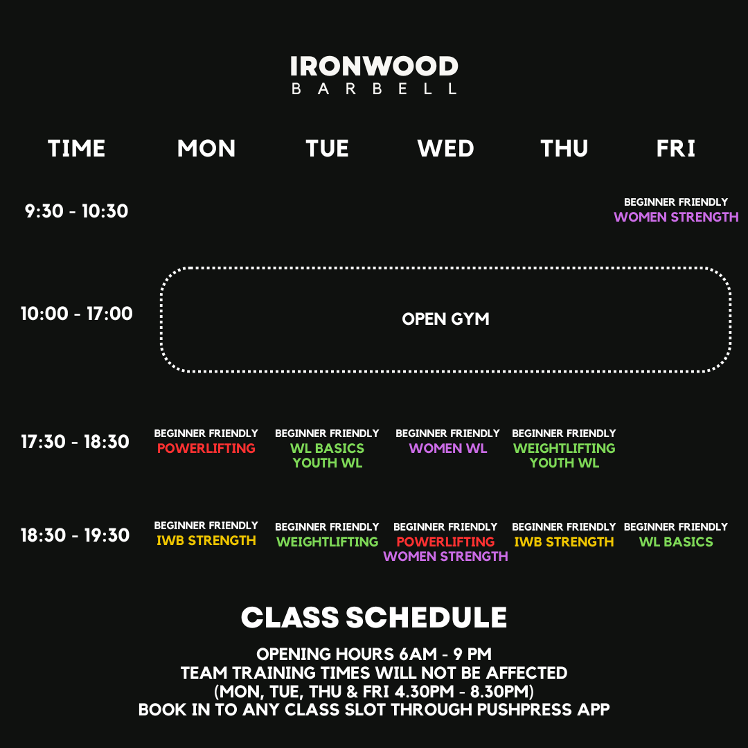 Weekly gym class schedule for Ironwood Barbell with class times from 9:30 AM to 8:30 PM, including beginner friendly, powerlifting, weightlifting, women strength, youth classes, and open gym hours, with instructions for booking through pushpress app.
