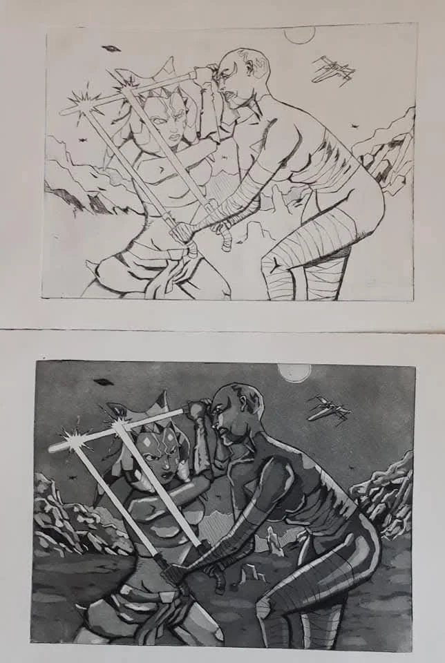 Two women are sword fighting in a mountainous landscape under a moonlit night, with airplanes flying in the sky.