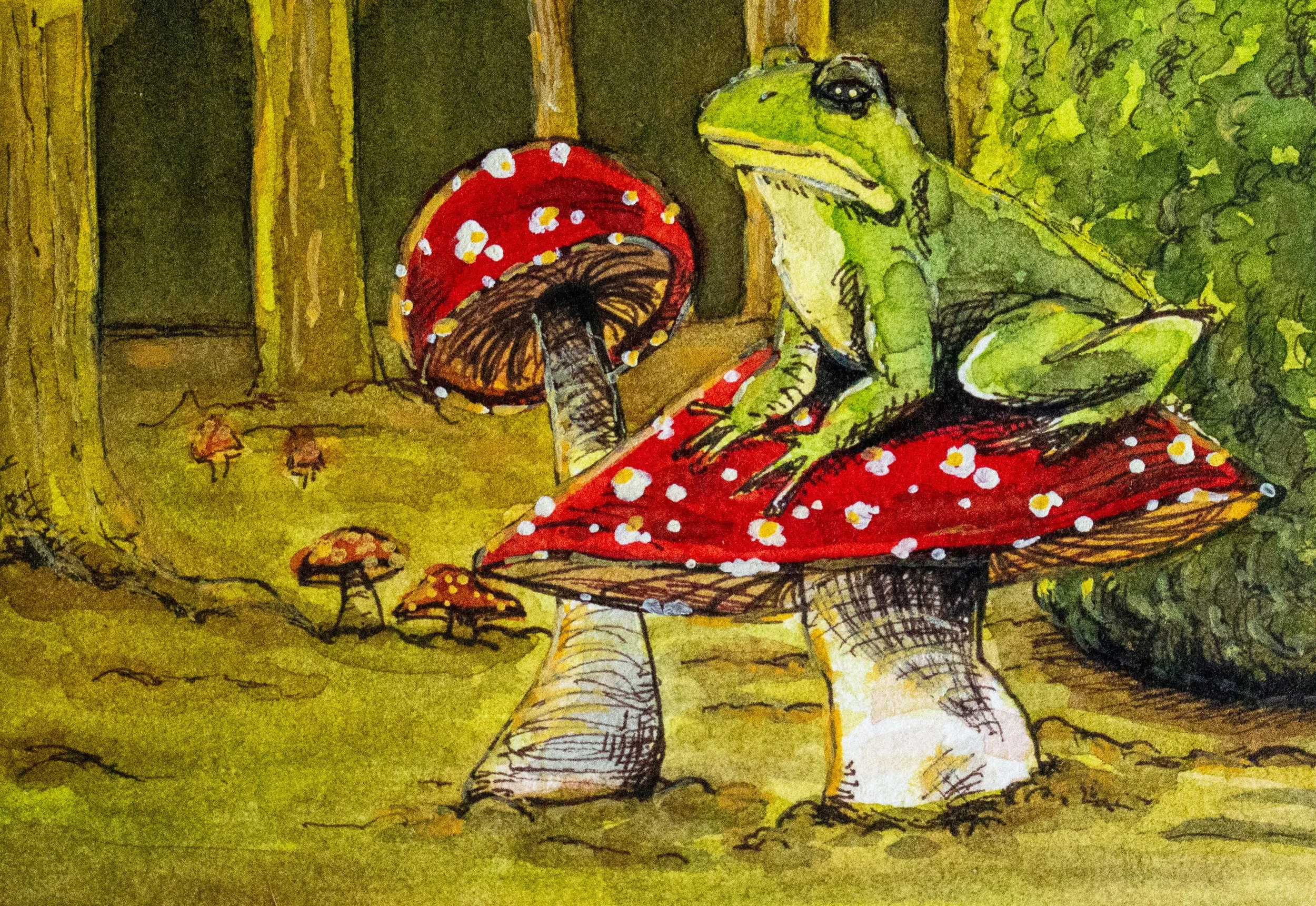 A green frog sitting on a red mushroom with white spots in a forest, surrounded by smaller mushrooms and trees.