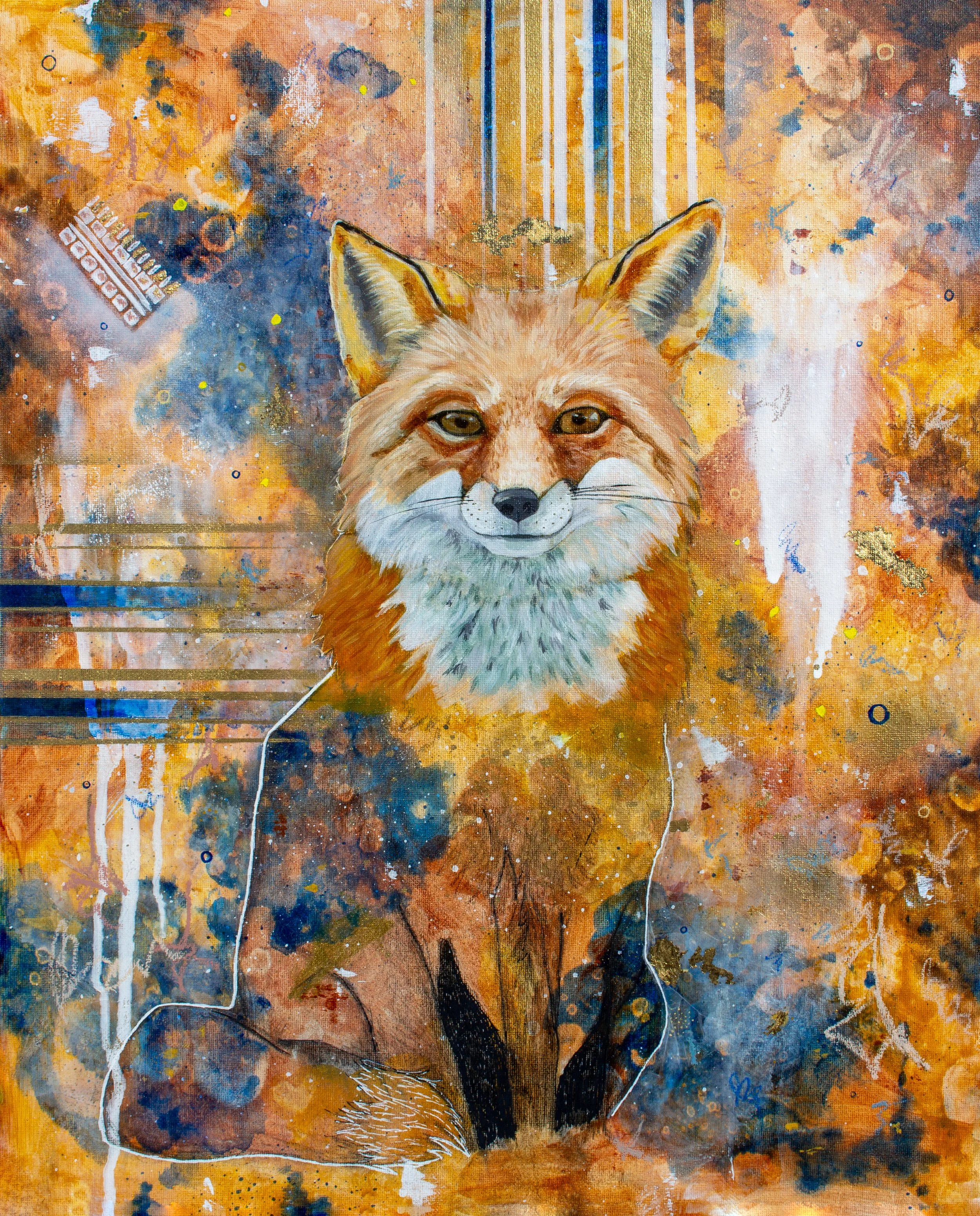 A painted portrait of a smiling fox with a colorful, abstract background featuring splashes of orange, yellow, blue, and white.