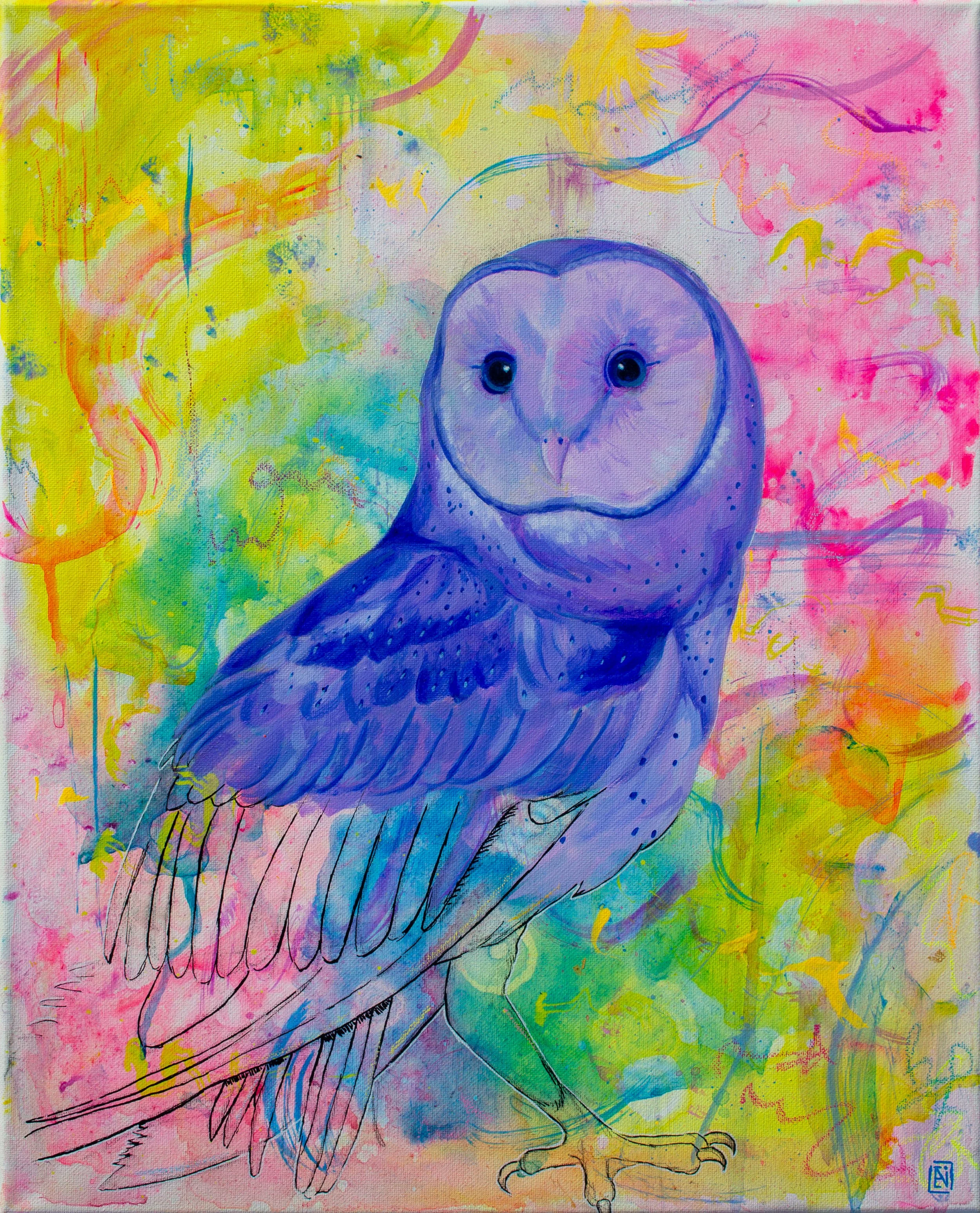 A colorful painting of a blue and purple owl with a detailed face and large eyes, set against a vibrant abstract background of yellow, pink, green, and blue.