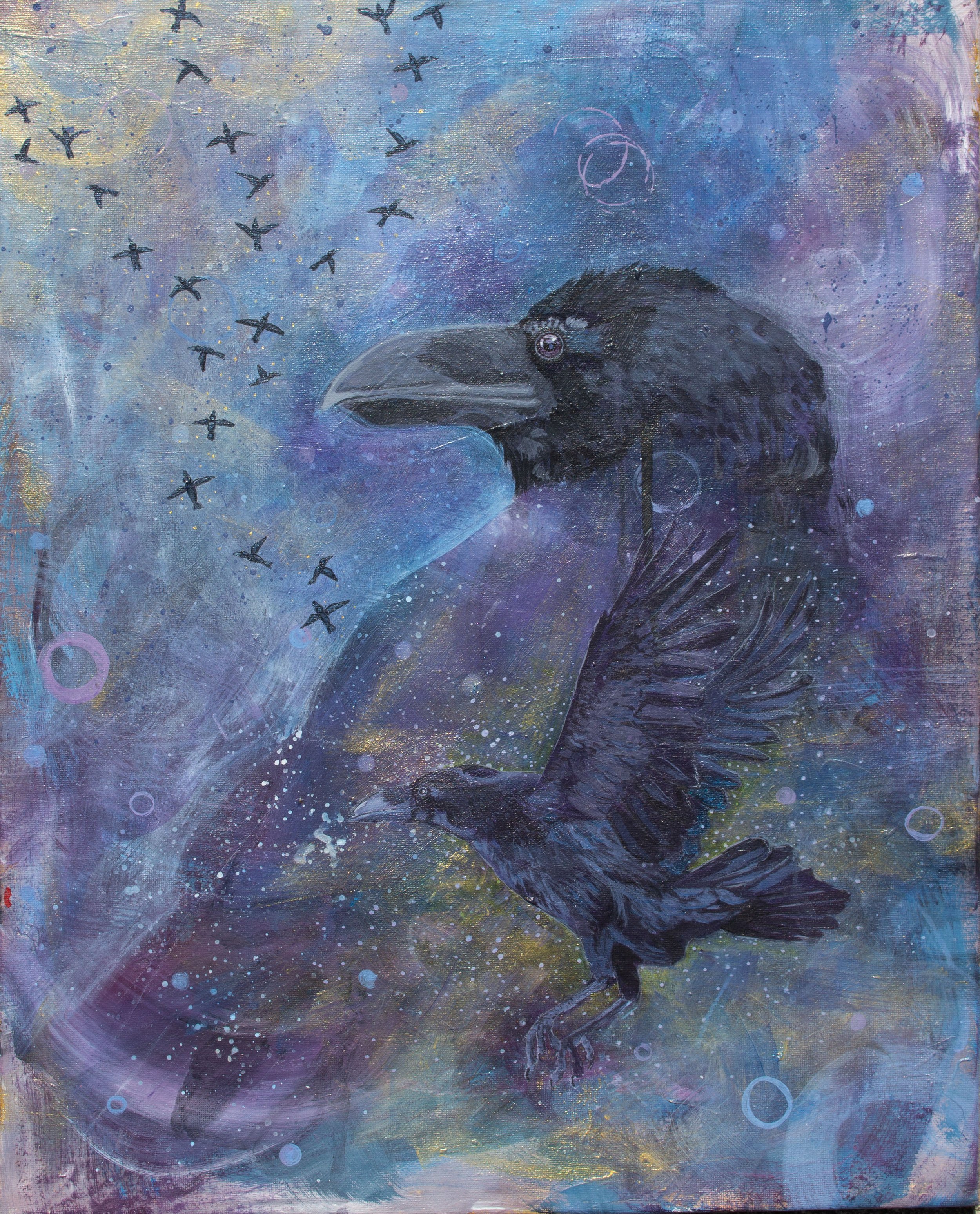 A surreal painting featuring a large black crow and a raven set against a cosmic background with swirling purple, blue, and gold colors. The scene includes a flock of smaller black birds flying across the upper left corner.