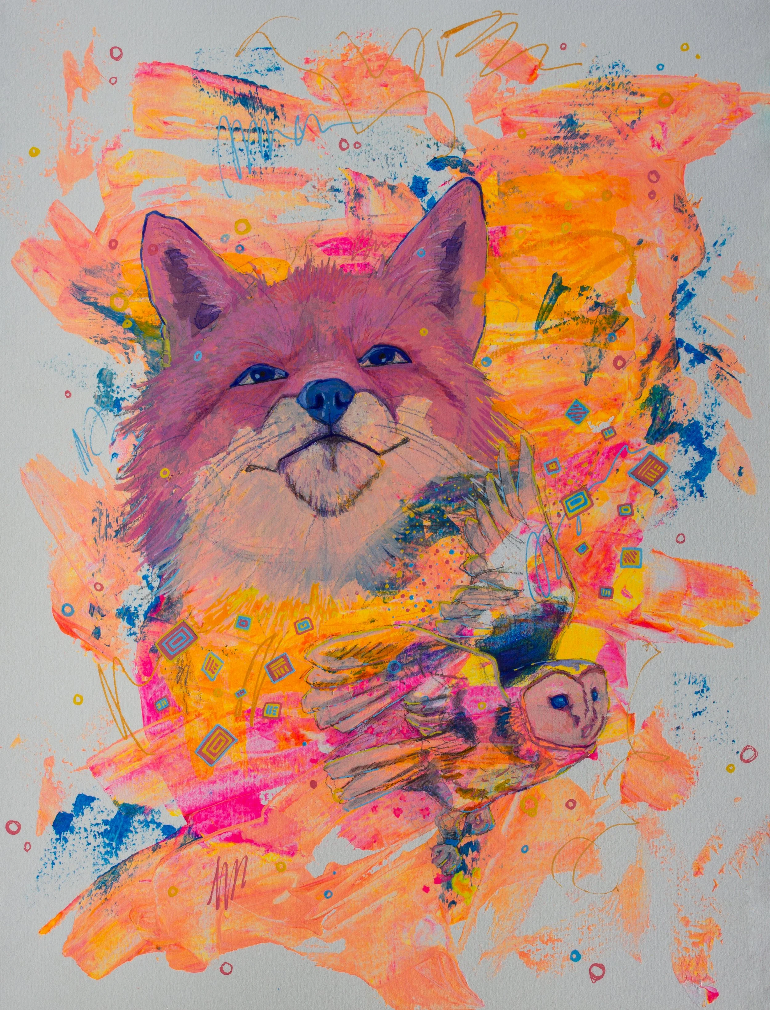 A colorful, abstract digital painting featuring a smiling fox with closed eyes and a small owl perched on its front paw, surrounded by vibrant splashes of orange, pink, blue, and yellow with various geometric patterns and scribbles.