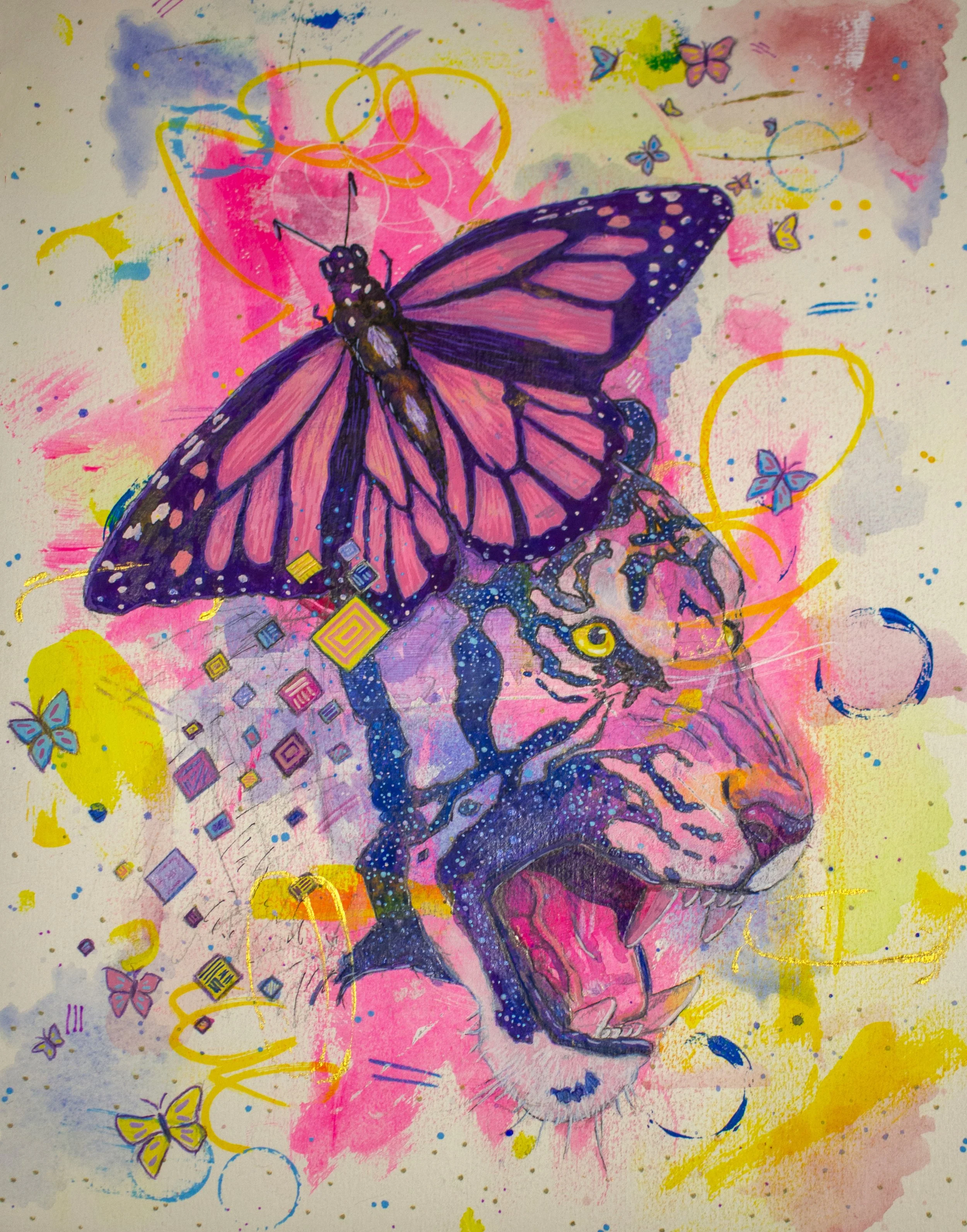 A colorful graffiti-style artwork featuring a tiger's head with a pink and purple monarch butterfly on top, surrounded by yellow, blue, and pink abstract shapes, butterflies, and patterns.