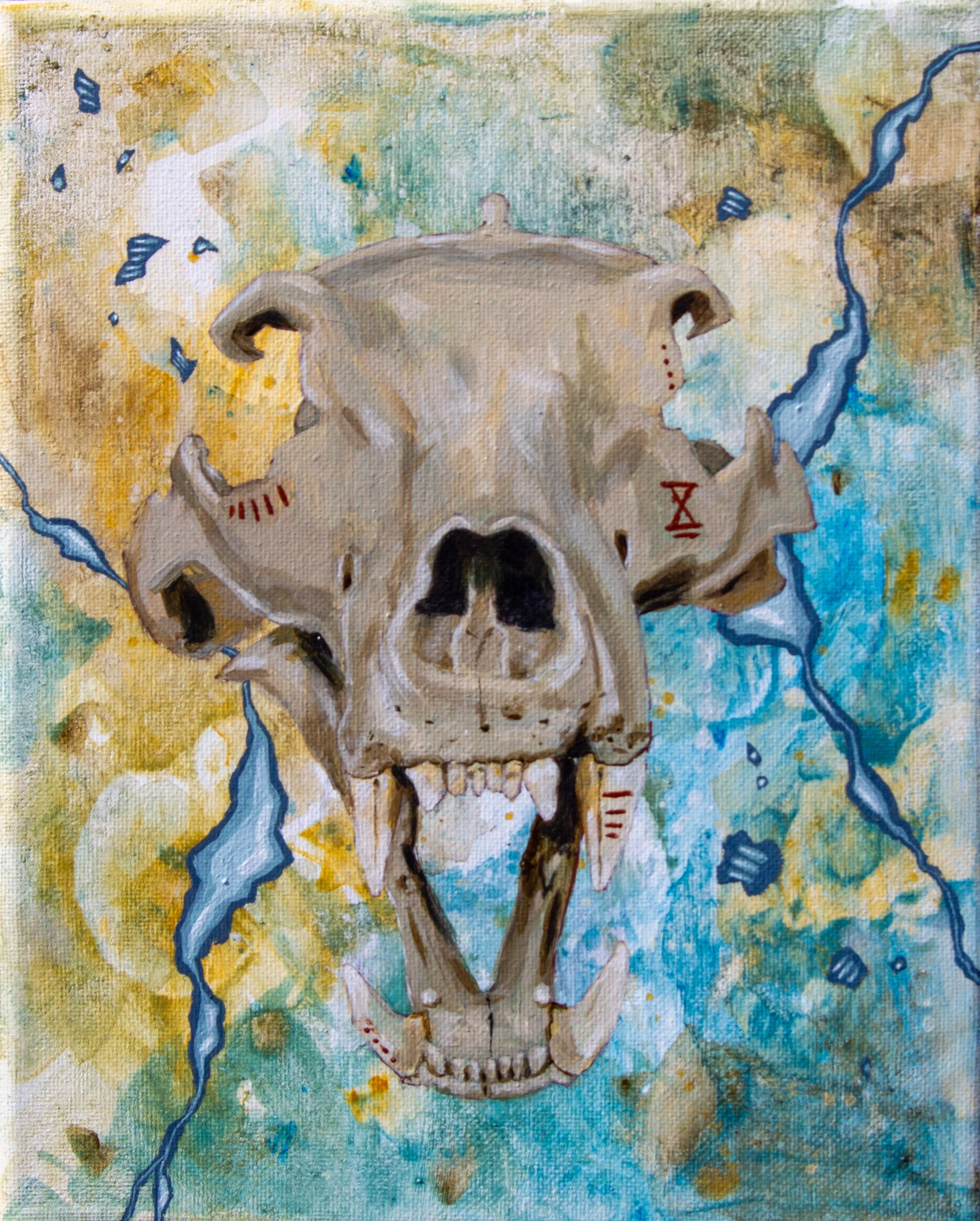A painting of an animal skull, possibly a dog or wolf, with colorful abstract background and lightning bolts.