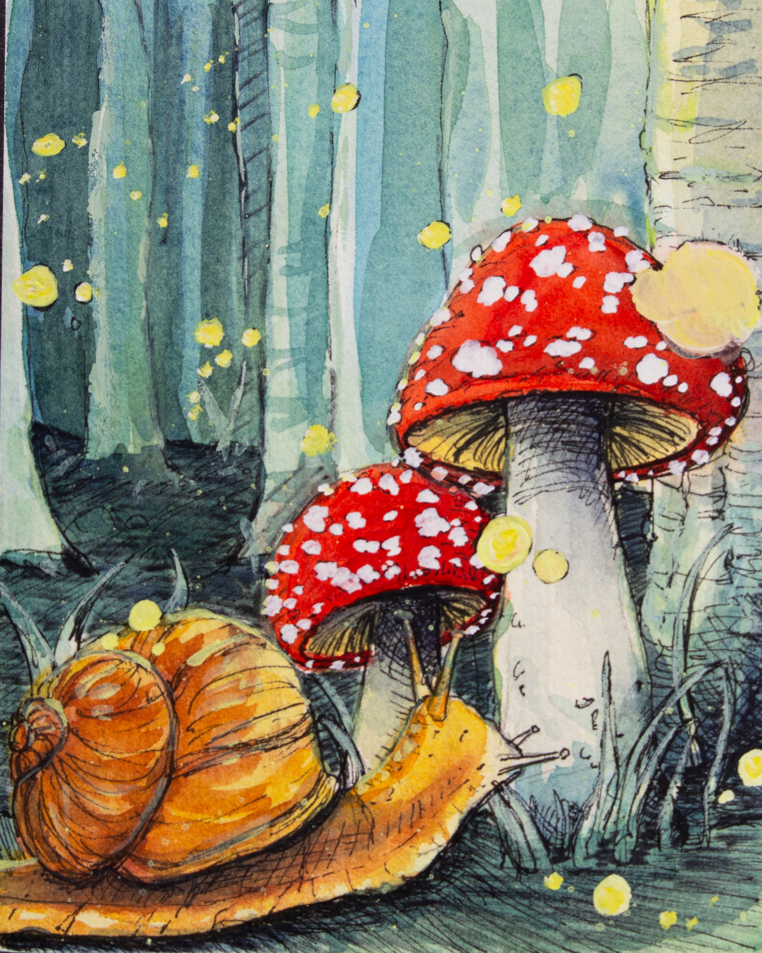 Watercolor painting of a forest scene with two red mushrooms with white spots, a snail with an orange shell, and a background of green trees.