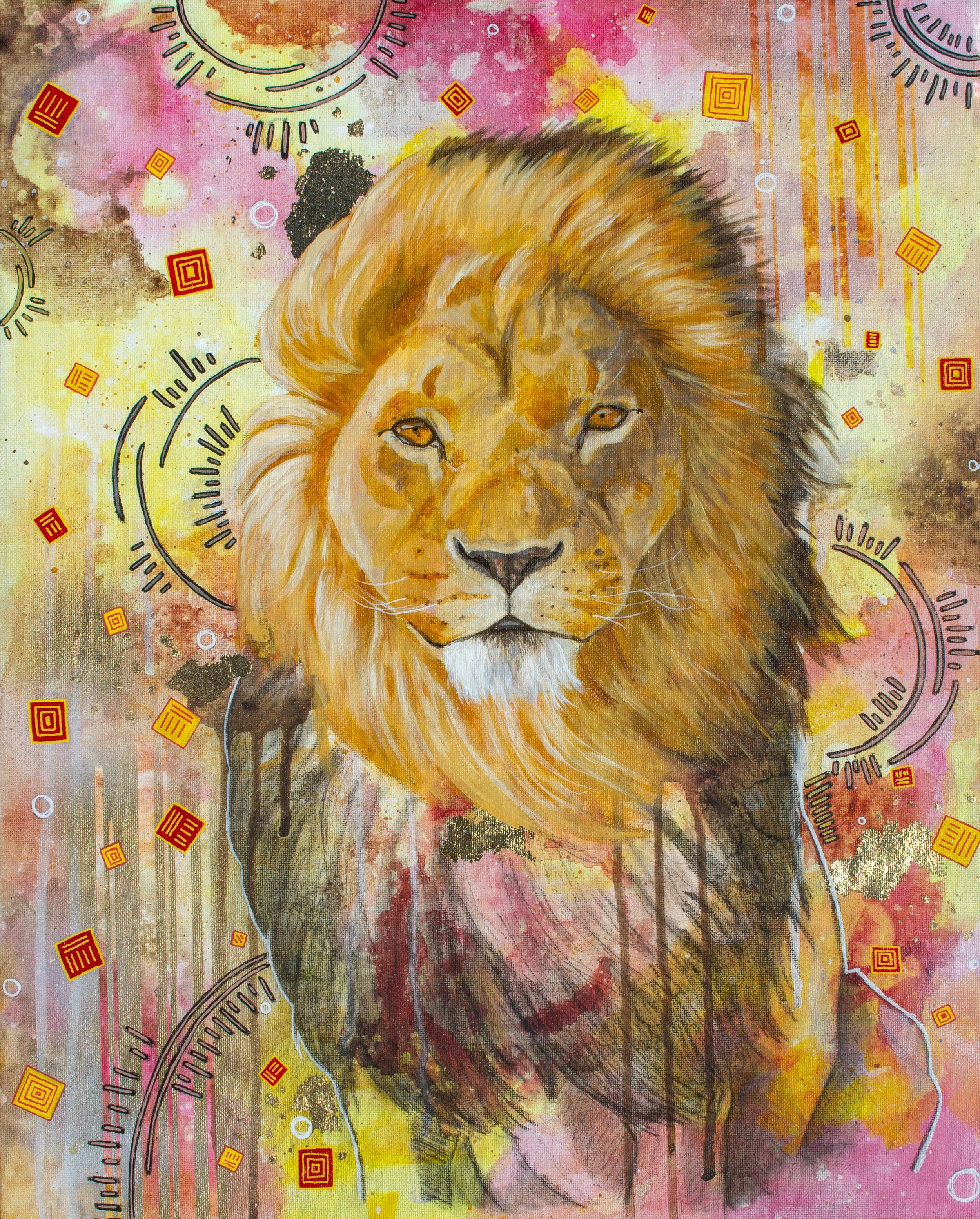 A vibrant painting of a lion's face with an abstract, colorful background featuring pink, yellow, black, and white splashes, along with geometric patterns and lines.