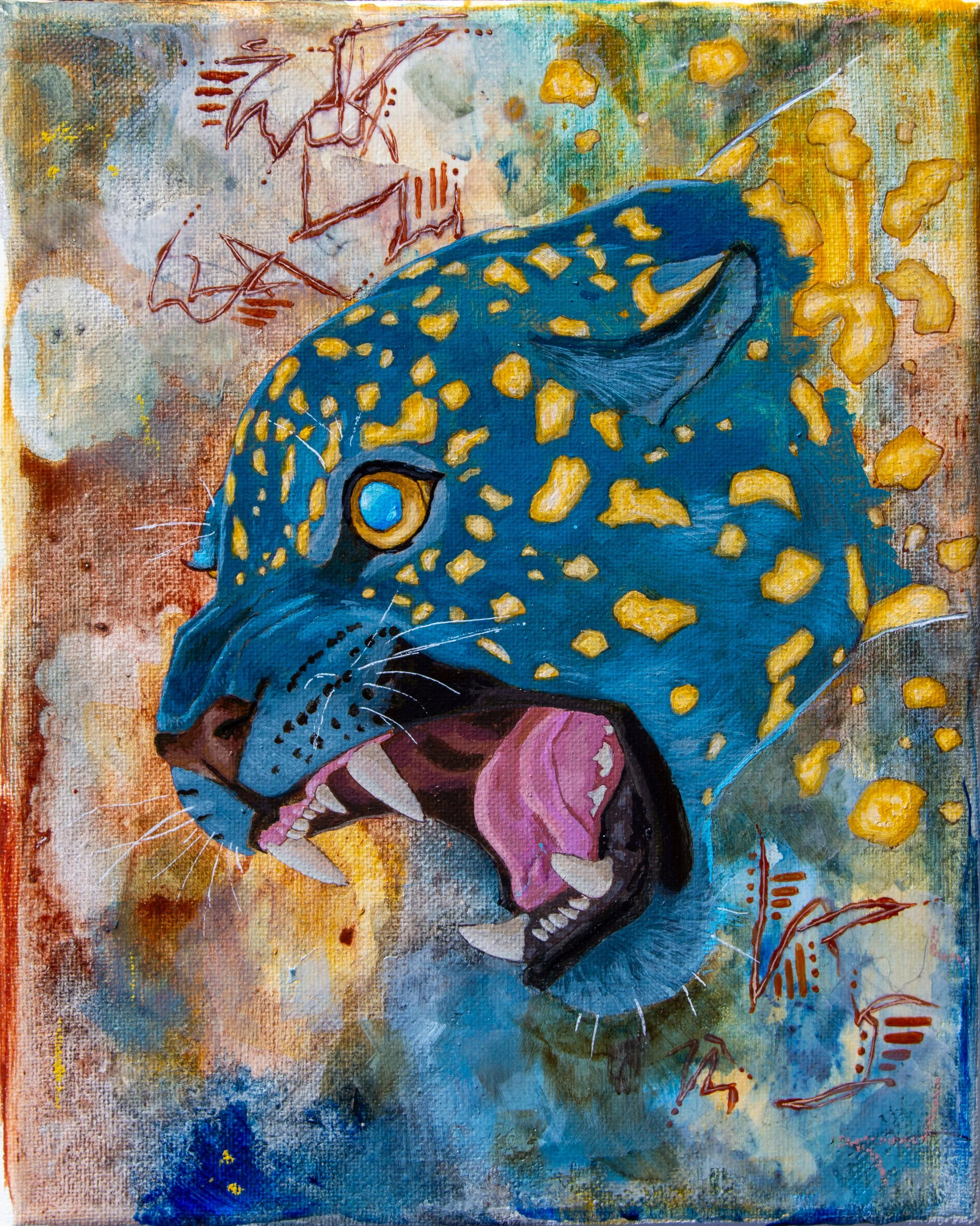 A painting of a blue leopard with yellow spots, roaring, with abstract colorful background and red tribal-like markings.