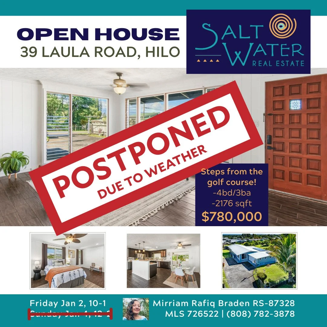 Today's open house postponed -
same time next week ☔

Sun Jan 11, 12-2
39 Laula Rd
Raincheck!