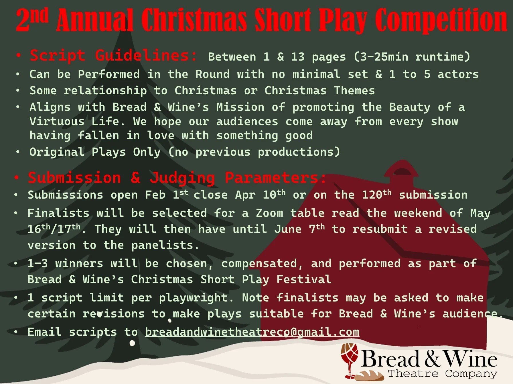 A promotional poster for the 2nd Annual Christmas Short Play Competition with details about script guidelines, submission dates, judging parameters, and contact email, featuring a Christmas theme with a Christmas stocking, a pine branch, and a glass of wine.