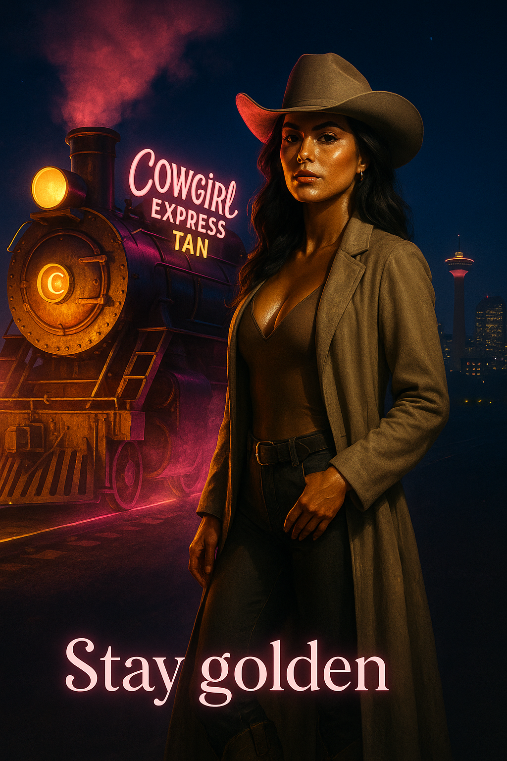 A woman with long dark hair, wearing a cowboy hat, brown blazer, black top, and black pants standing in front of a neon-lit train with a sign that reads "Cowgirl Express Tan".  Calgary city skyline in the background. Stay Golden written at the bottom