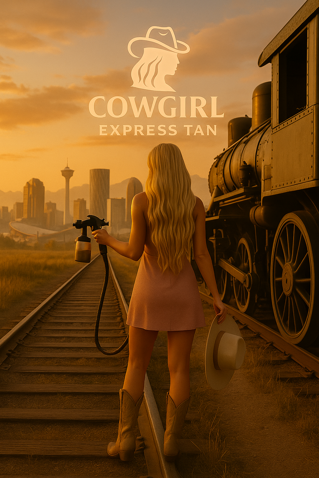 A woman with long blonde hair wearing cowboy boots and a pink dress is standing on train tracks holding a hat in one hand and a garden hose in the other. An old steam train is beside her, and a city skyline is seen in the background during sunset. The image features the logo and text "COWGIRL EXPRESS TAN" with an outline of a woman in a cowboy hat at the top.