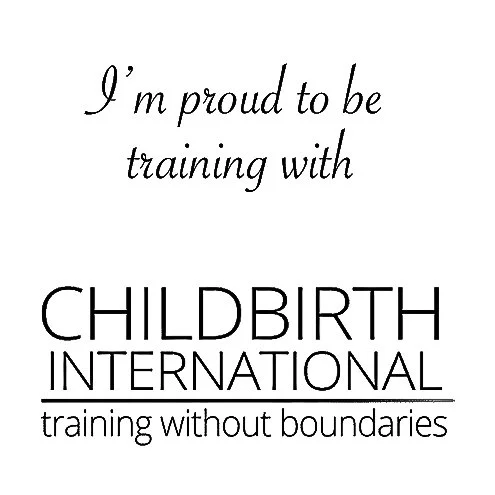 A black and white quote stating, 'I'm proud to be training with Childbirth International, training without boundaries'.