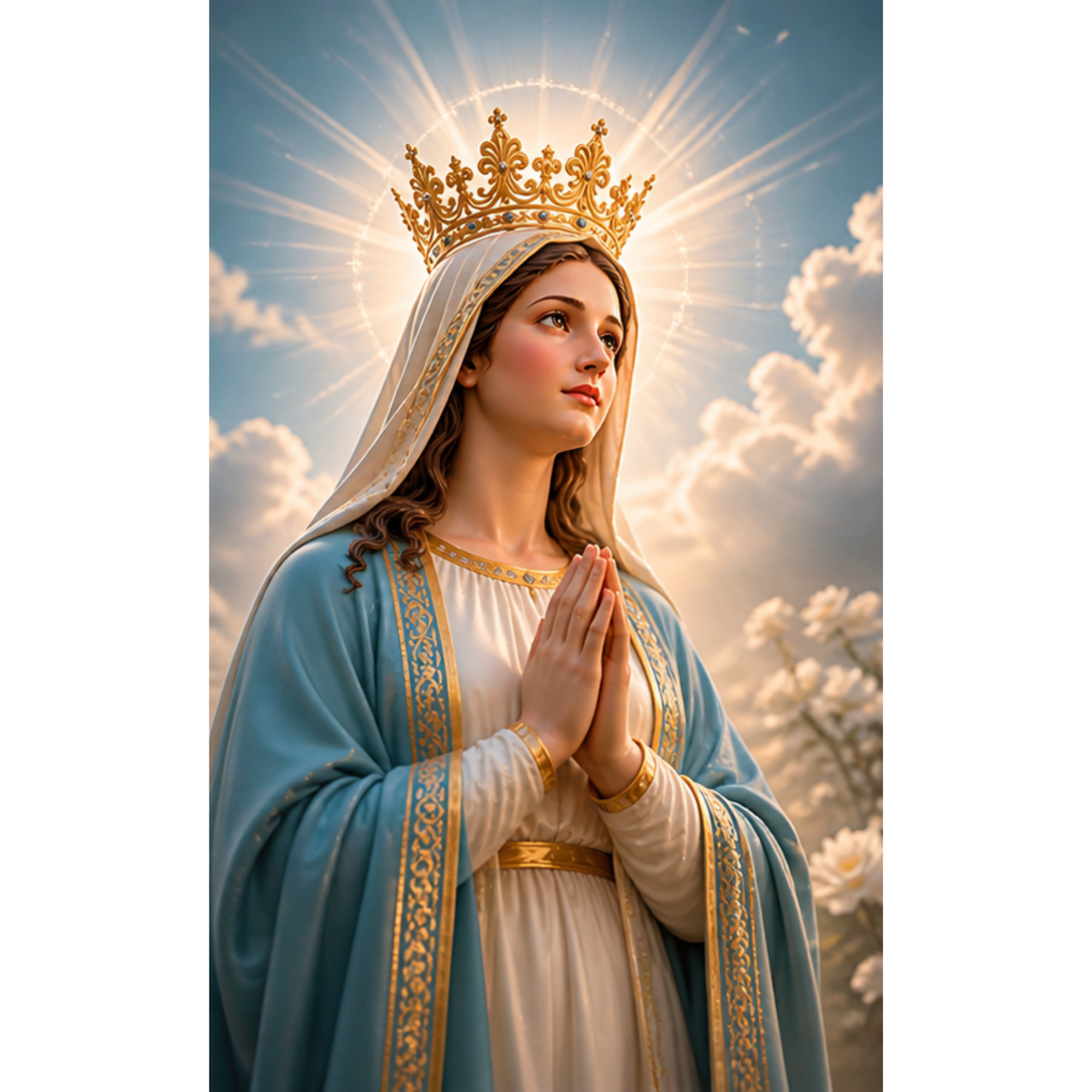 Statue of the Virgin Mary with a gold crown, dressed in a blue and white robe, with hands in prayer, set against a backdrop of a cloudy sky with sunlight.
