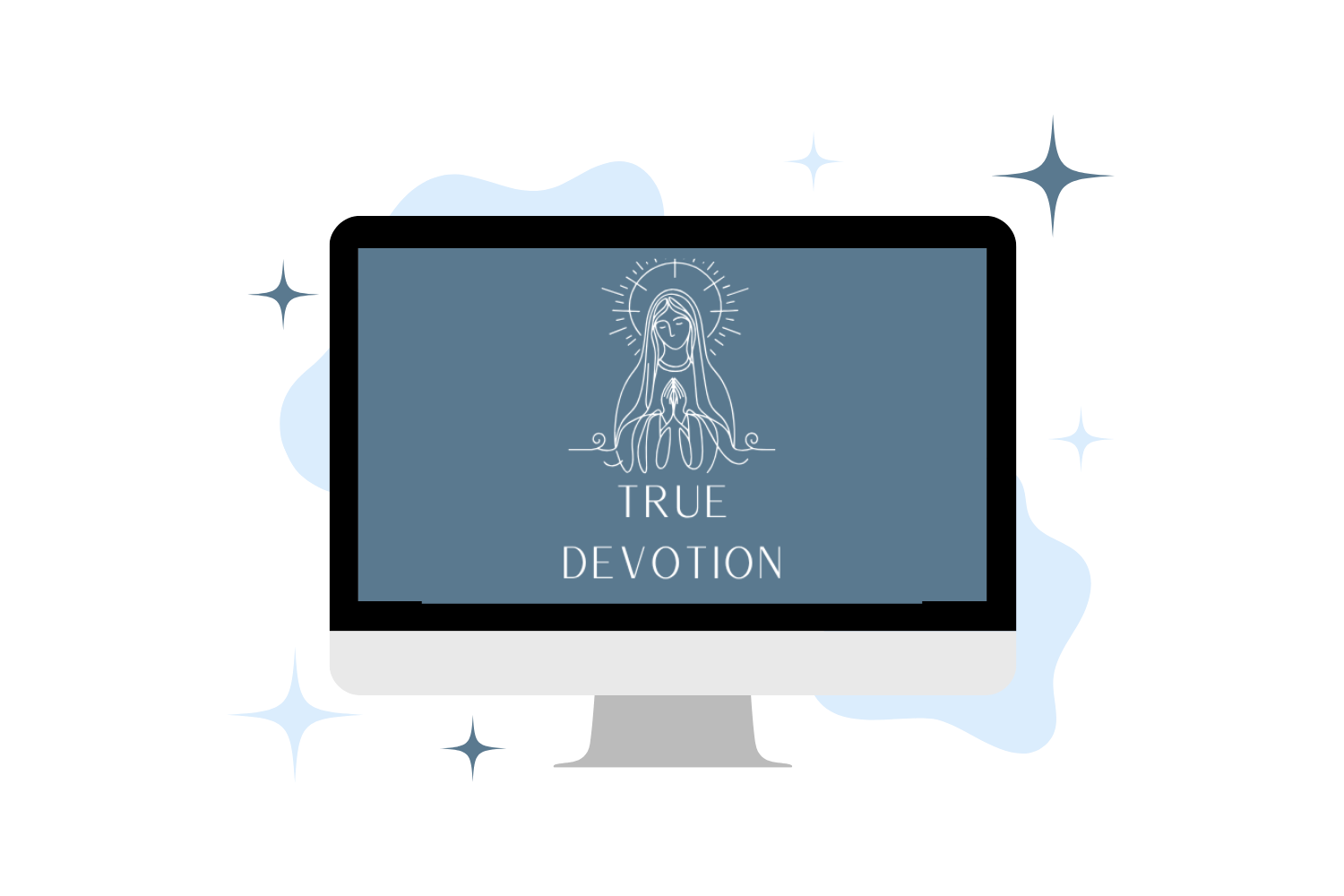 Illustration of a computer monitor displaying a religious figure with a halo and praying hands, along with the words 'True Devotion', surrounded by stars and abstract shapes.