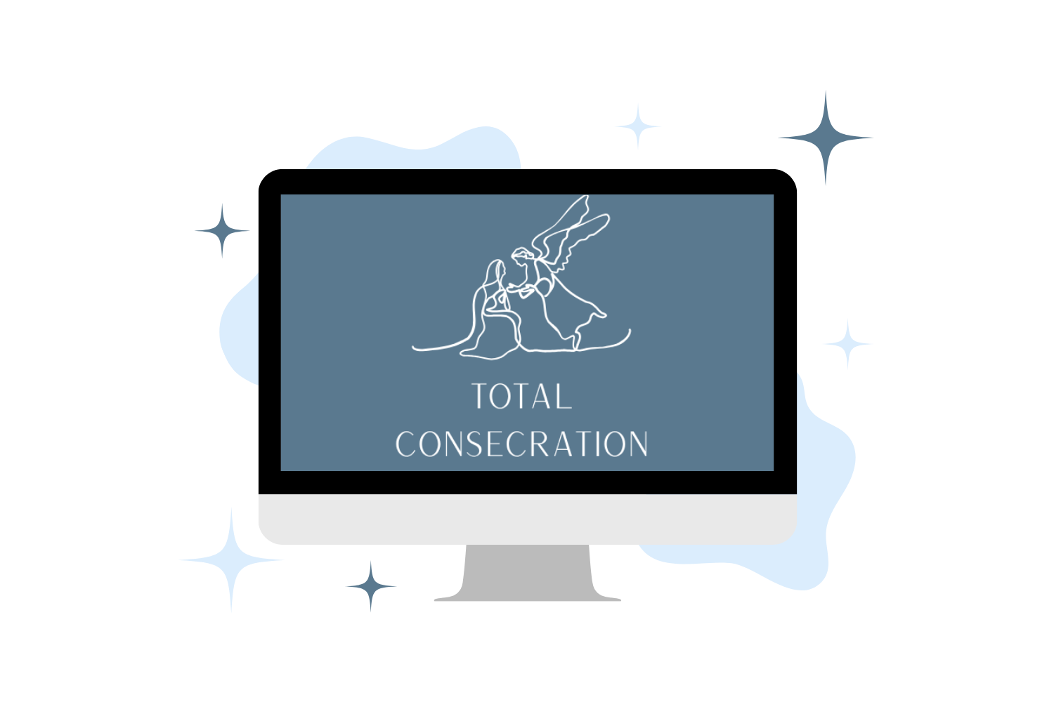 Computer monitor displaying a logo with a line art image of an angel and a person, with the text 'Total Consecration', surrounded by decorative star shapes and abstract cloud-like elements.