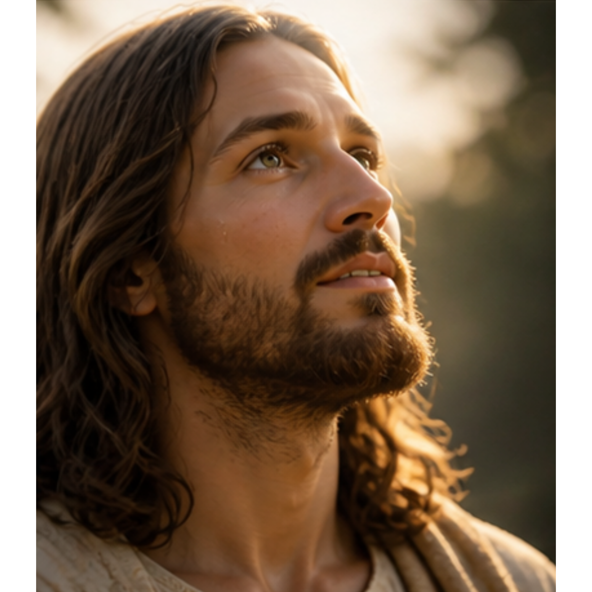 Close-up of a young man's face with long, wavy hair, a beard, and hazel eyes, looking upwards during golden hour sunlight.
