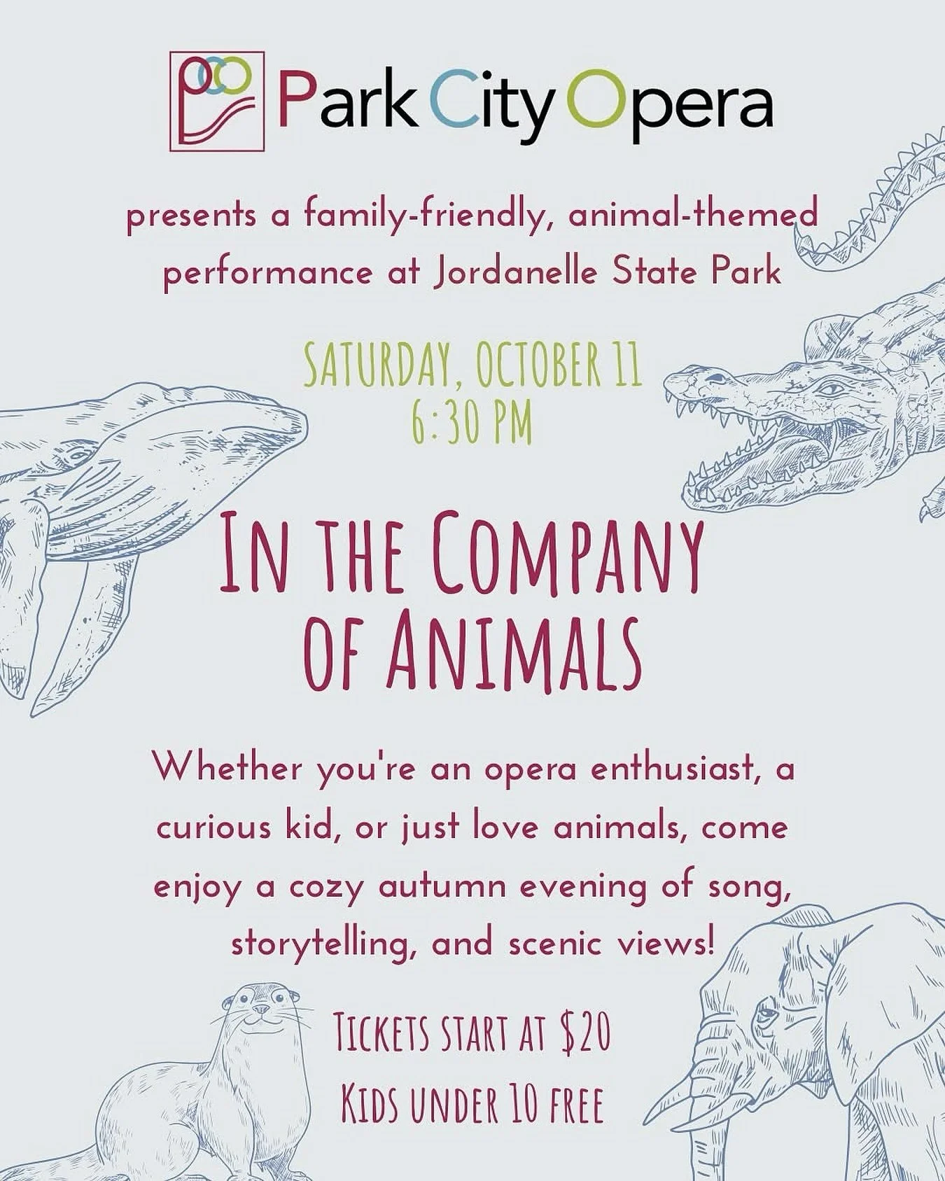 We love being in the company of animals &mdash; and this weekend, we&rsquo;re calling on all our fellow human animals to support our friends at Park City Opera! 

They&rsquo;ll be performing &ldquo;In the Company of Animals&rdquo; this Saturday, Octo