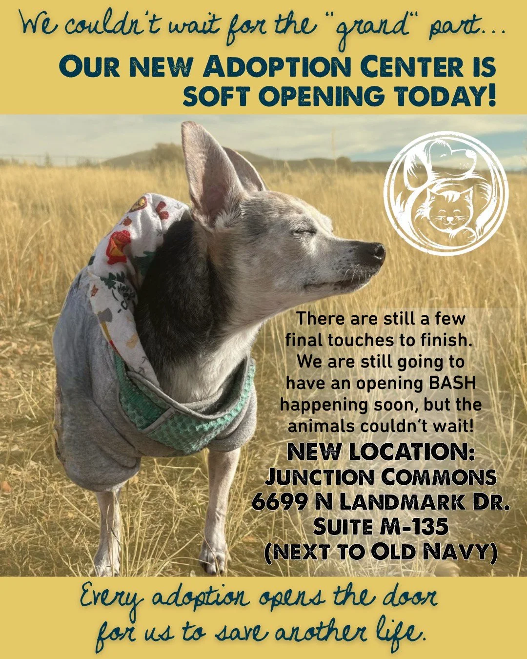 So we couldn&rsquo;t wait- our Adoption Center is Soft Opening today!

The Grand Opening is still coming!!! There are still a few final touches to finish, but our space has wagging tails, curious noses, and some cool cats cozy in their condos.

Come 