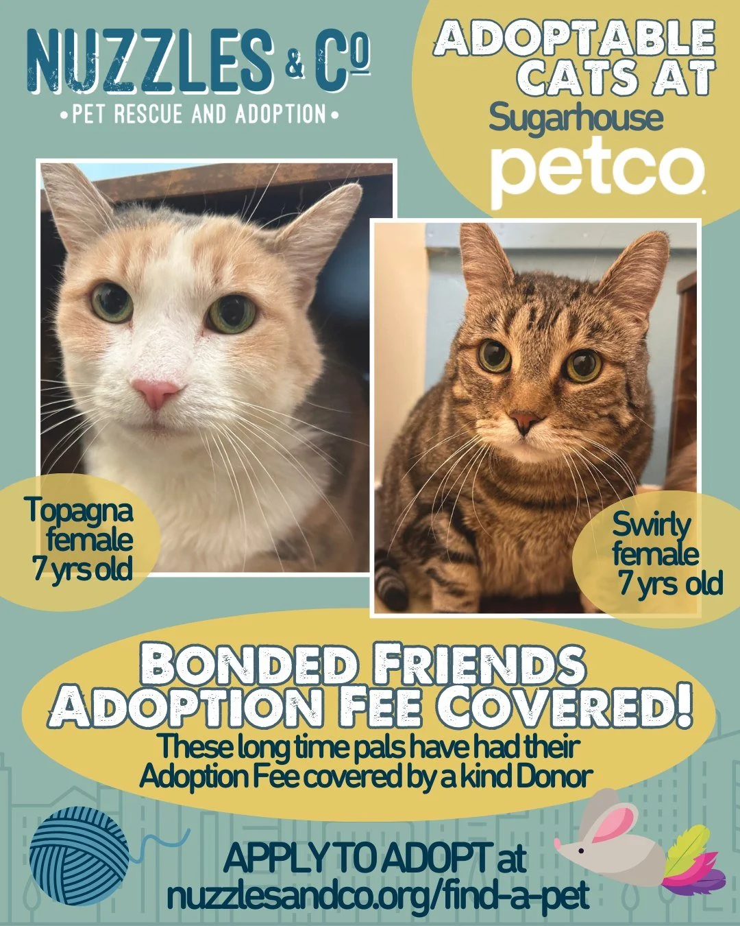 Two queens, seven years of loyalty, and a lifetime of friendship&mdash;Topanga &amp; Swirly are ready to start again together. And thanks to a generous donor, their adoption fees are fully covered when adopted as a bonded pair. Find them at Sugarhous