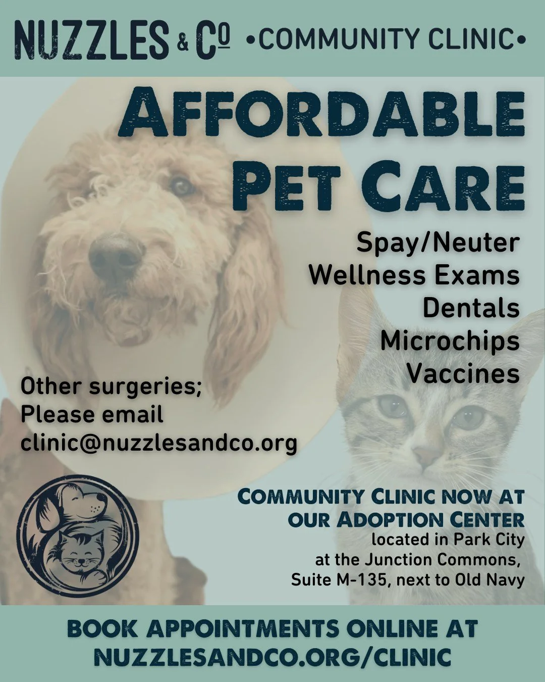 Affordable pet care is part of how we keep pets healthy&mdash;and keep families together.

Our Nuzzles &amp; Co. Community Clinic offers low-cost spay/neuter, vaccines, deworming, wellness exams, microchips, and dental care&mdash;right here at our Ad