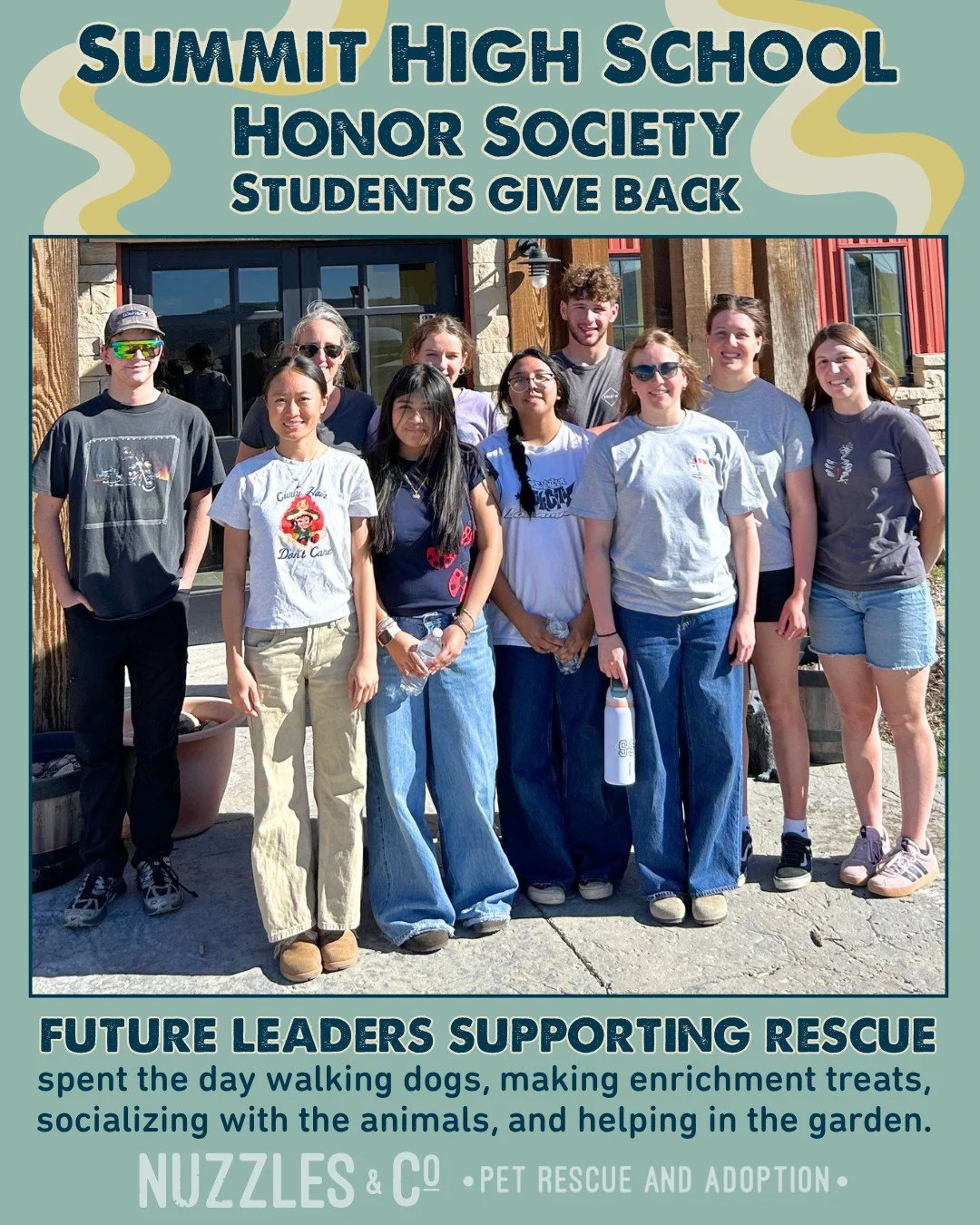 Honor Society students from Summit High School for spent the day volunteering with us at the Rescue Ranch!

They jumped right in&mdash;walking dogs, making enrichment treats, socializing with animals, helping with cleaning projects, and even lending 