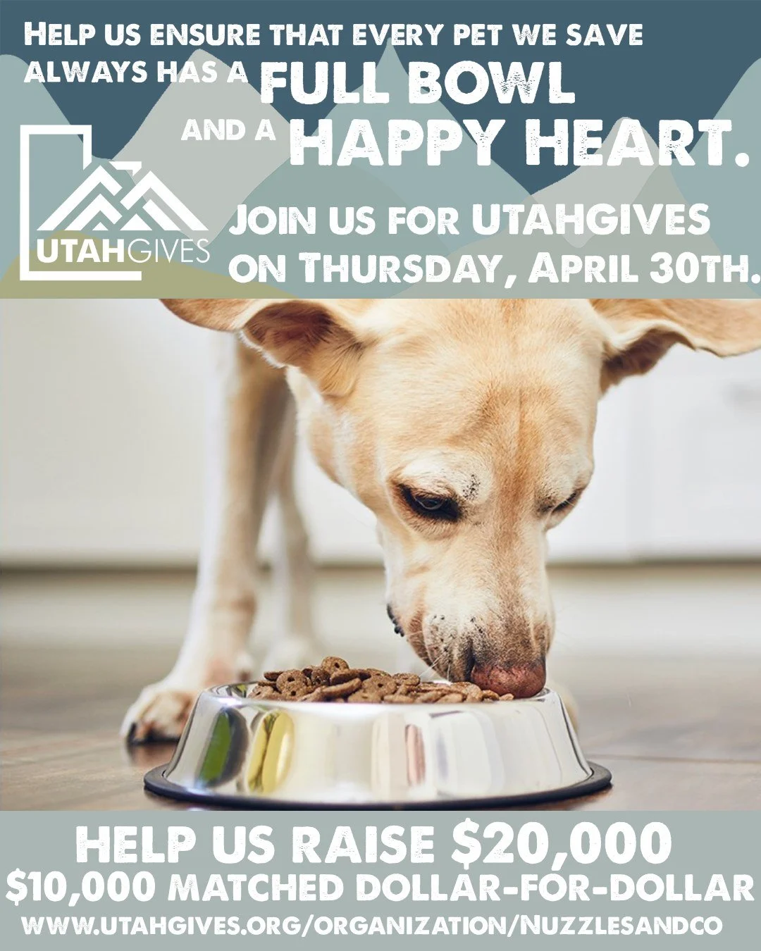 Every animal who comes through Nuzzles &amp; Co. deserves something simple but essential &mdash; a full bowl while they wait for home.

On April 30, we&rsquo;re joining nonprofits across the state for UTAHGIVES with a goal of raising $20,000 to help 