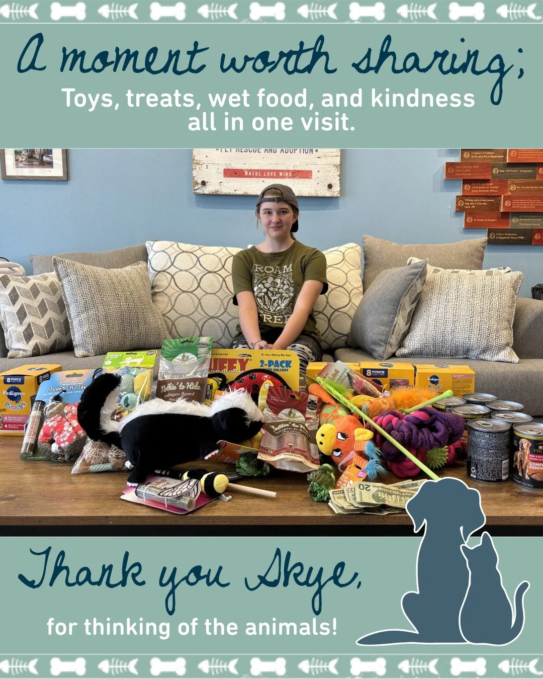Some people just have a heart for animals, and Skye is one of them!

Skye came by Nuzzles last week with toys, wet food for the dogs and cats, and even donated some of her own money to help the animals in our care.

Moments like this matter more than