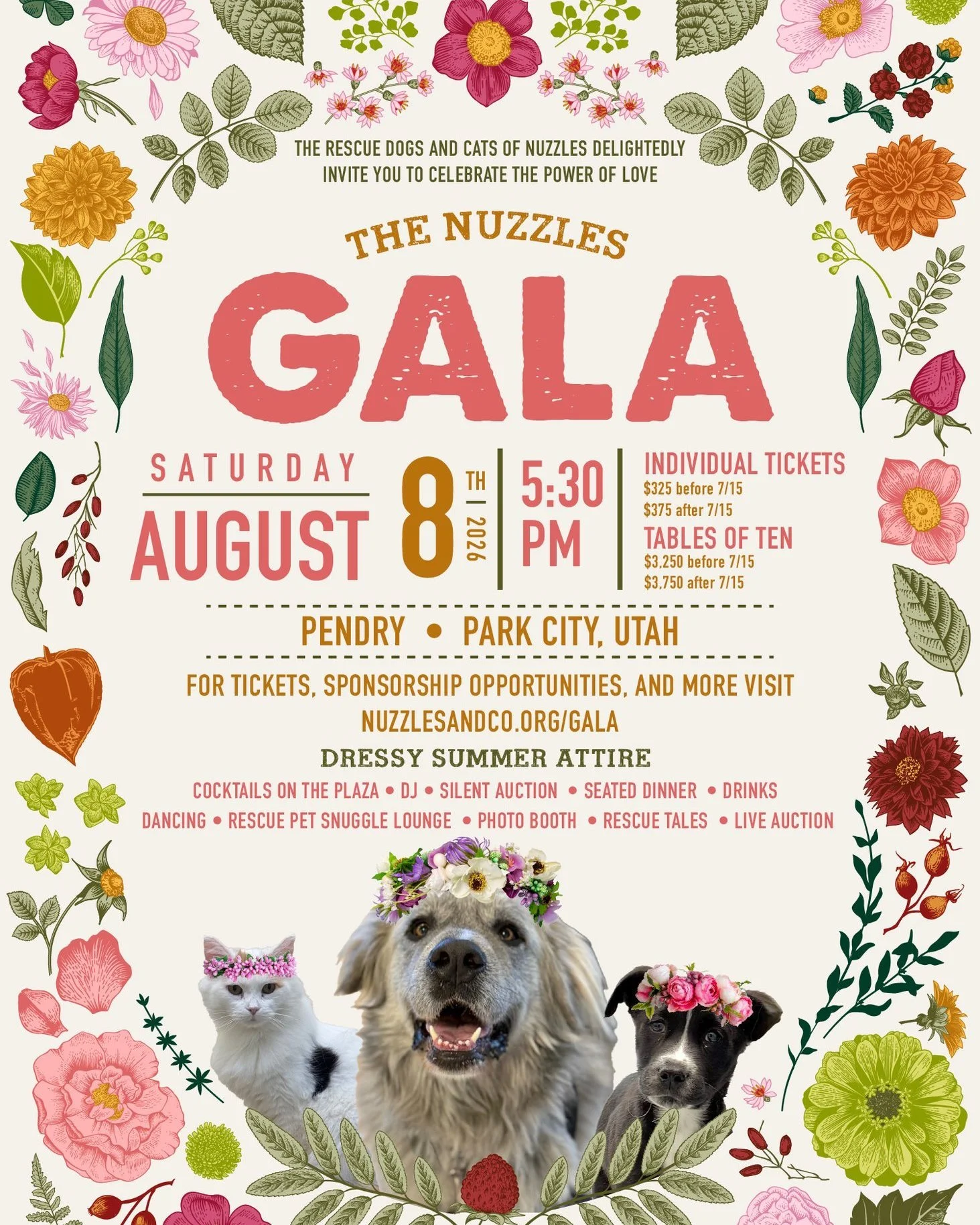 Calling all animal lovers: the rescue dogs, cats, and farm animals of Nuzzles &amp; Co. Pet Rescue and Adoption delightedly invite you to the best evening of the summer - The Nuzzles Gala! 

Held on Saturday, August 8th, beginning at 5:30 pm, this ye