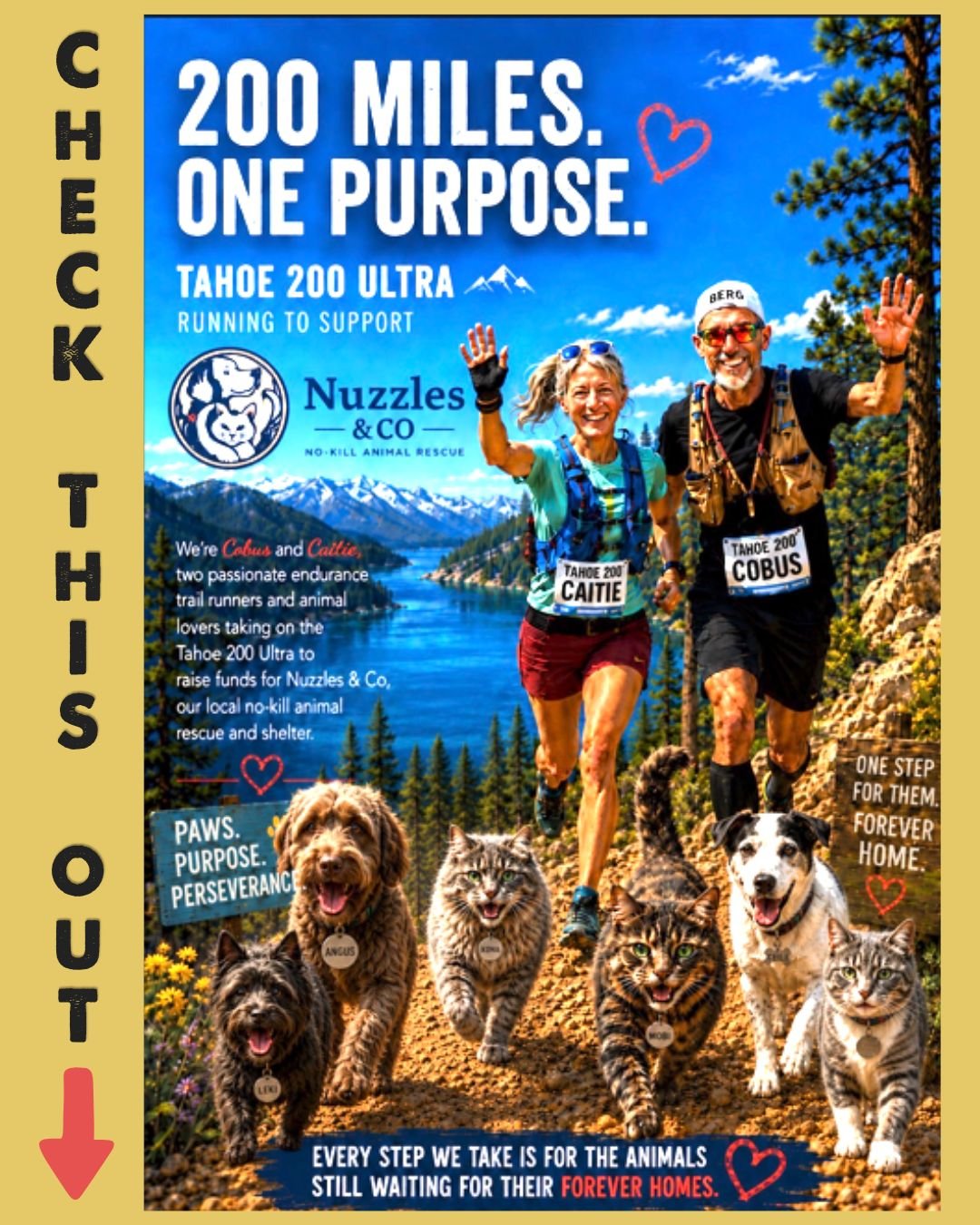 200 miles. Endless determination. One incredible cause. 🐾🏔️

Park City locals Cobus and Caitie are taking on the Tahoe 200 Ultra Run, an intense 200-mile endurance race around Lake Tahoe, to help raise funds for the animals at Nuzzles &amp; Co.

As