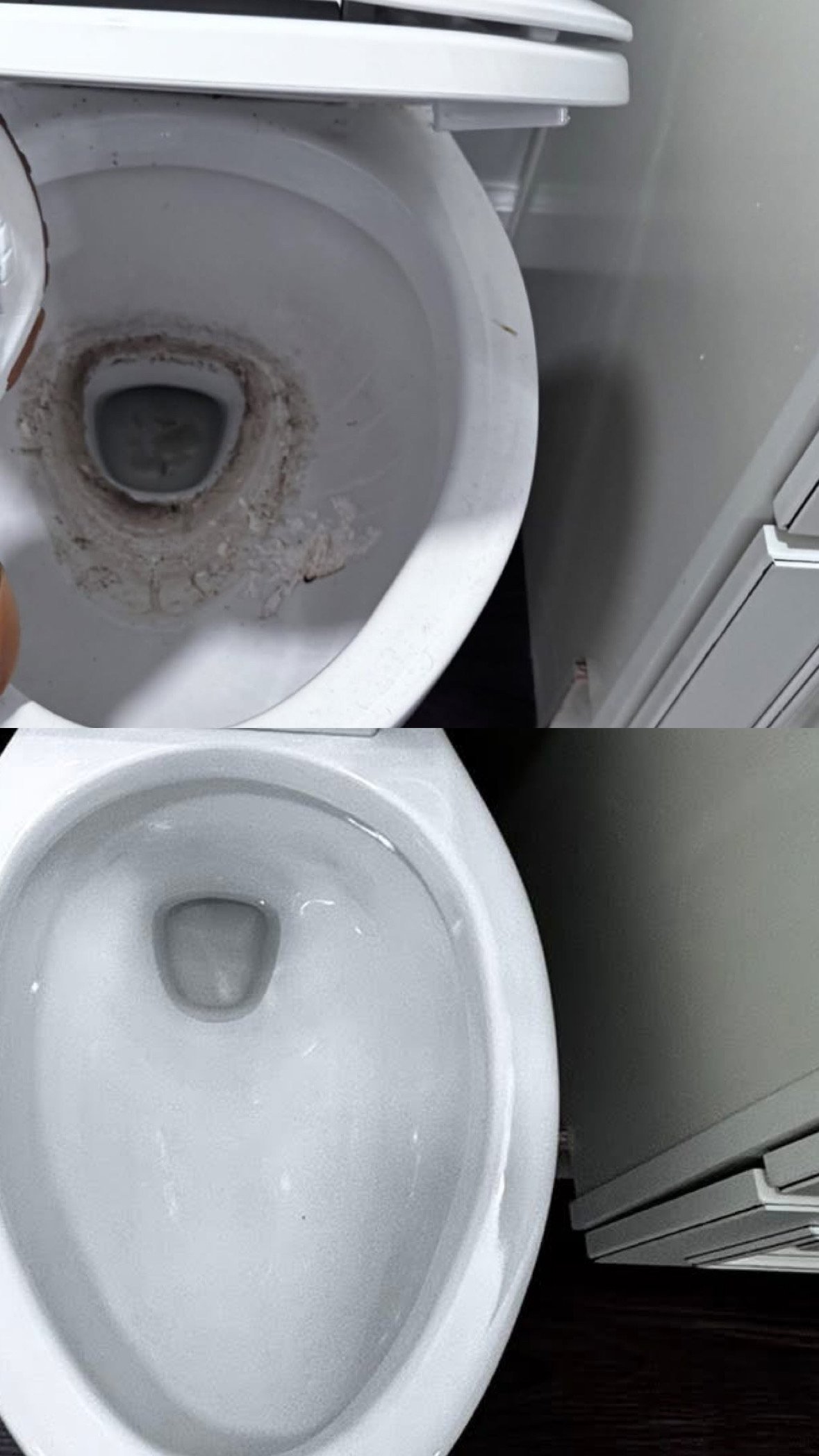 Comparison of a dirty, stained toilet bowl above a clean, sanitized toilet bowl.