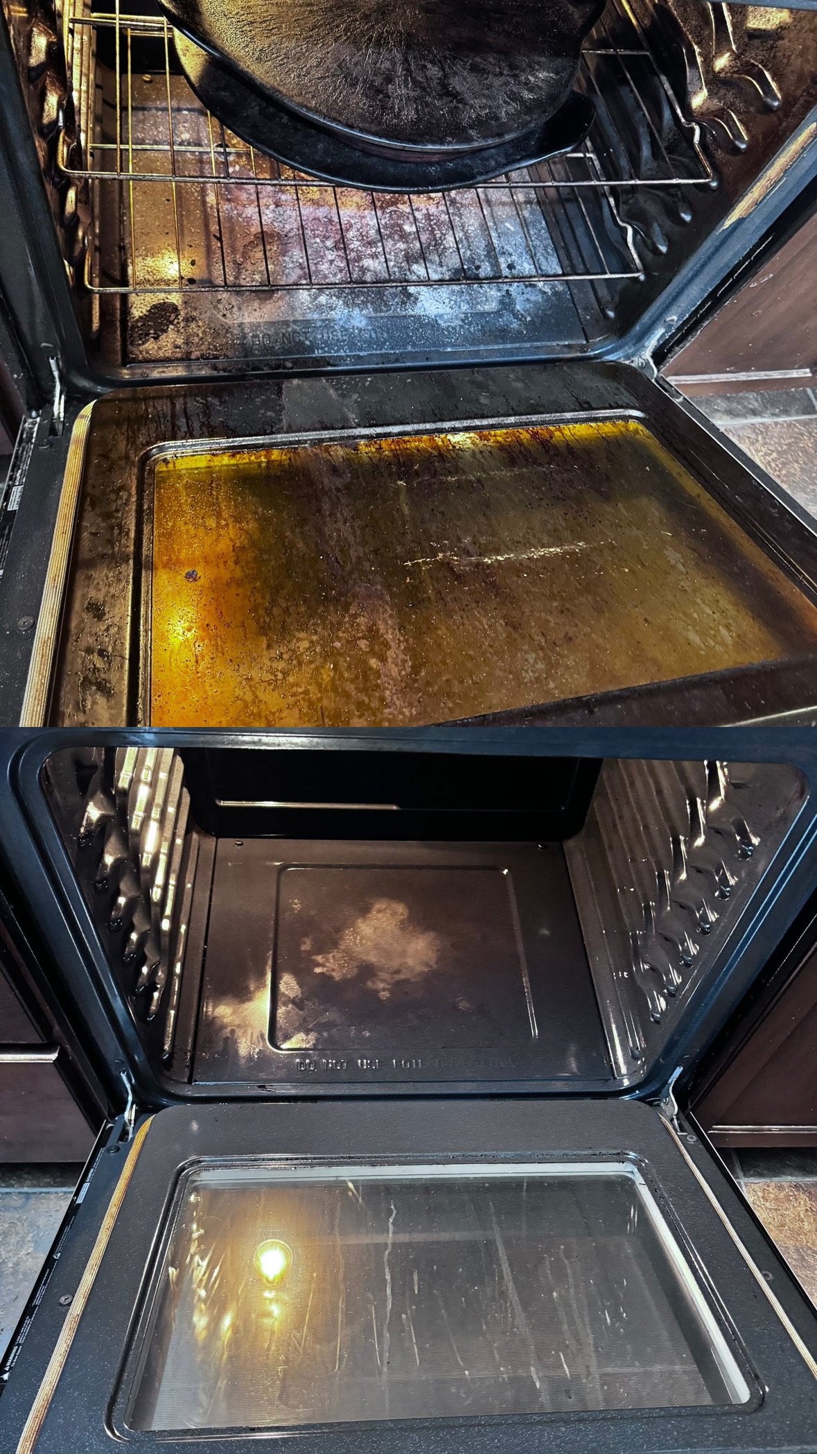 The oven door is open, revealing a dirty oven with a burnt and stained oven cavity and a rusty oven tray, showing signs of use and needing cleaning.
