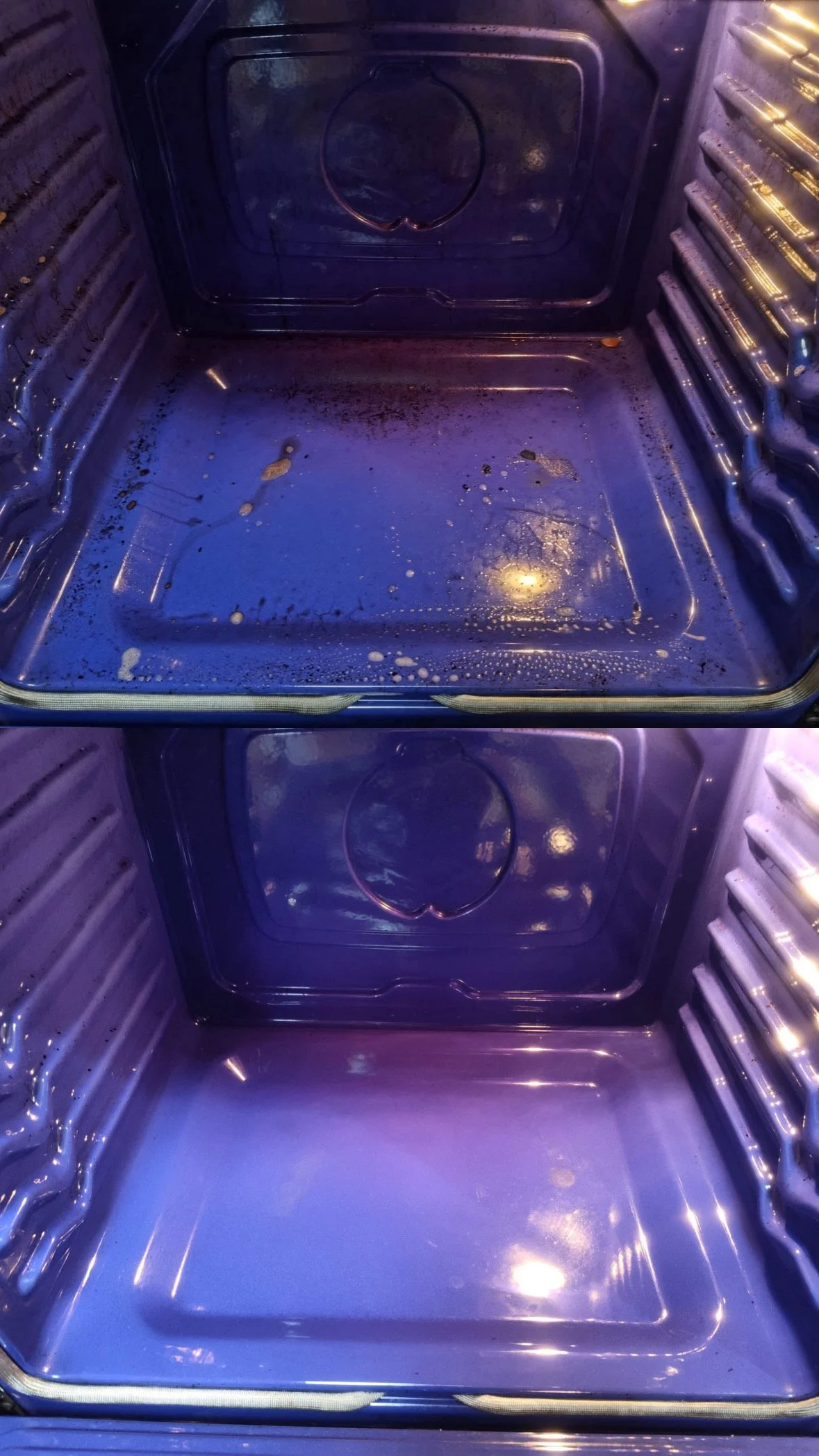 Inside of a clean oven with two shelves, one above the other, with some food residue and grease stains.