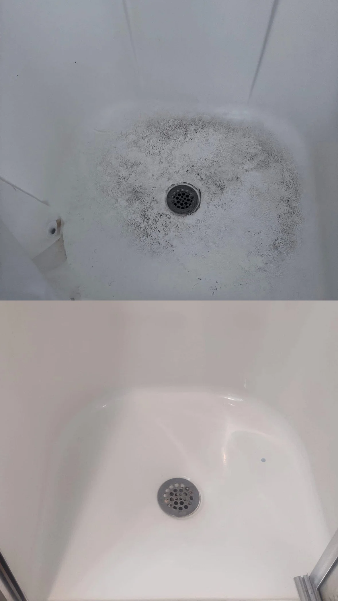 Comparison of a dirty shower base with mold or mildew stains on the top half and a clean, white shower base on the bottom half.