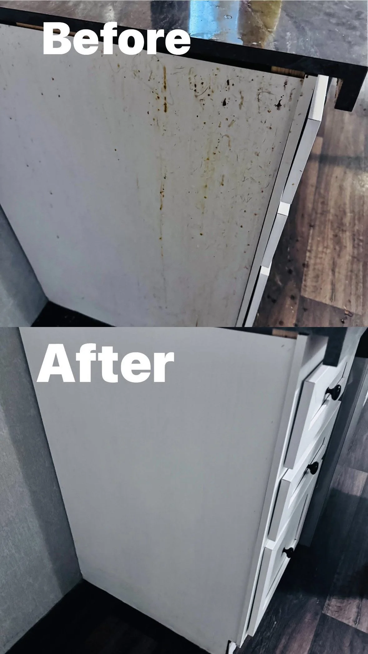 Comparison of a dirty, stained white cabinet before cleaning and a clean, spotless cabinet after cleaning.