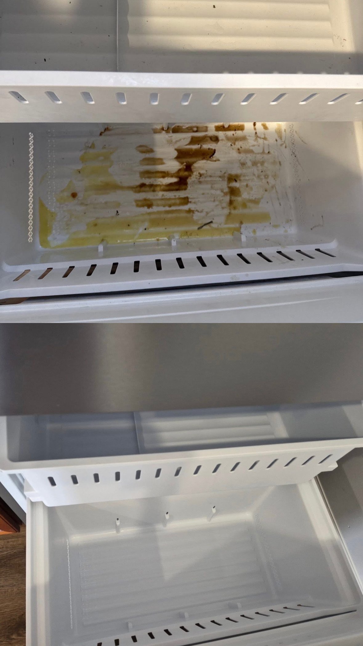 Empty and dirty refrigerator shelf with some stains and leftover residue.