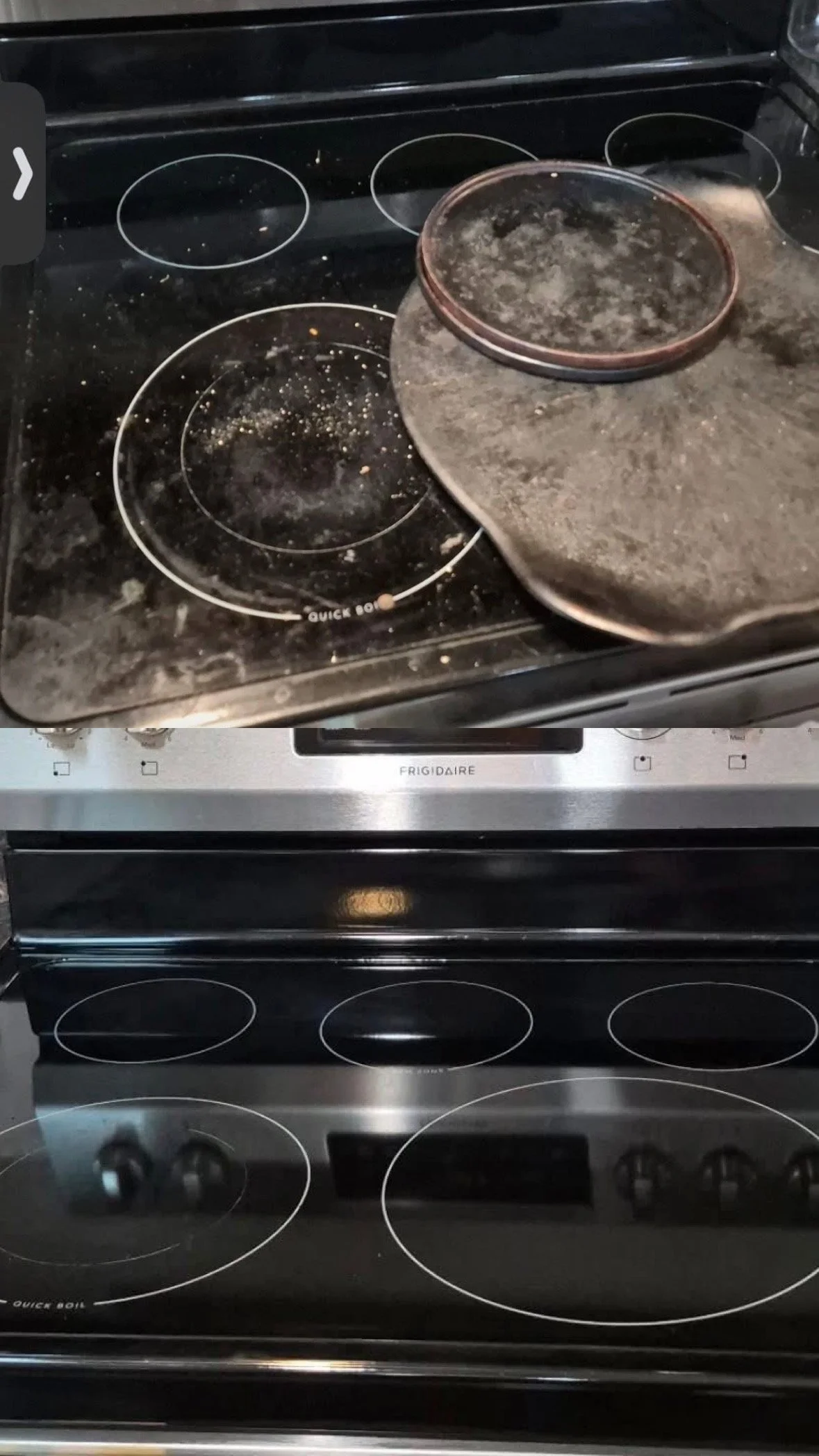 The top image shows a dirty stovetop with a small coffee cup on a pot holder, while the bottom image shows a clean stovetop with no items on it.