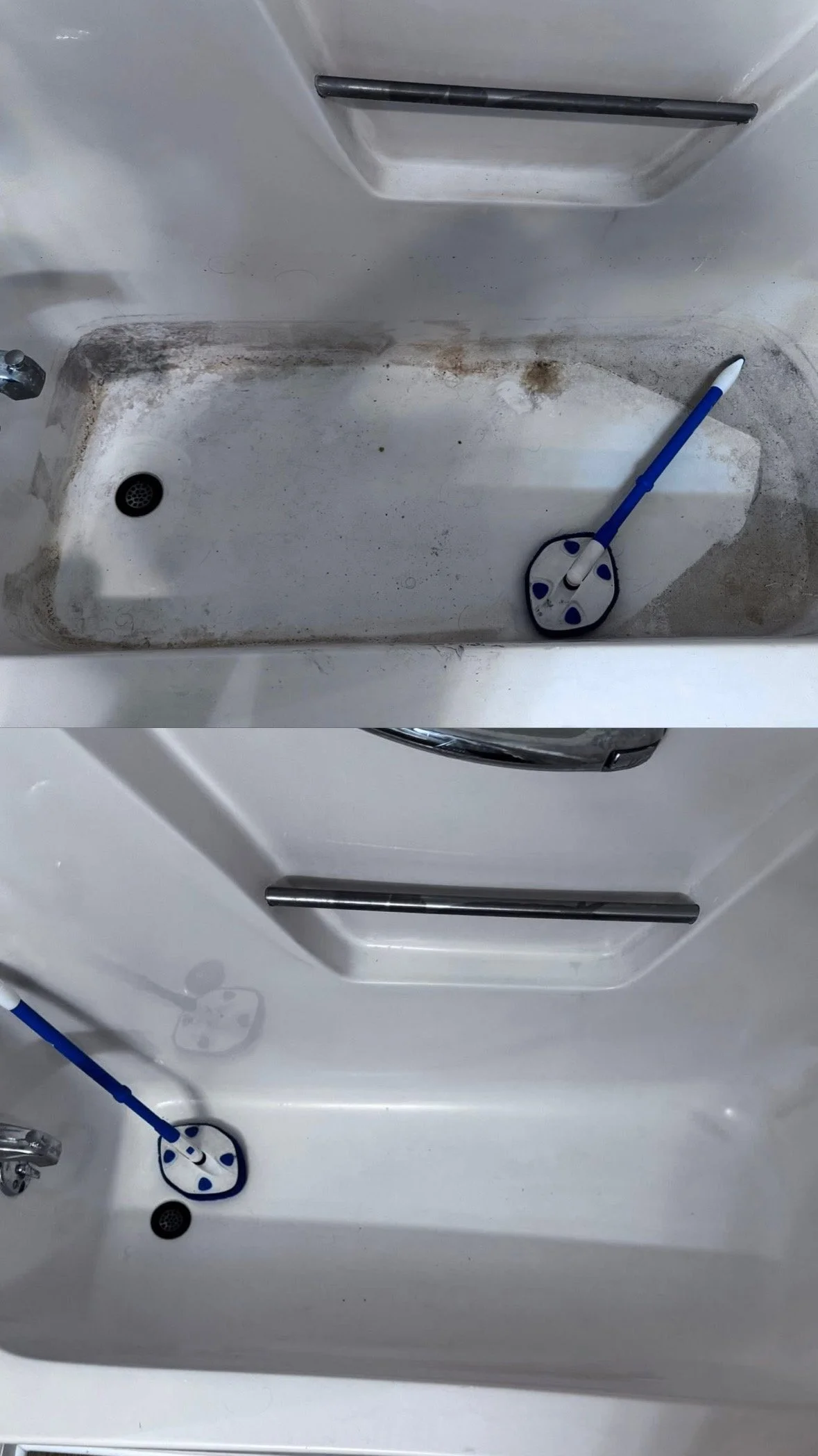 Comparison of a dirty bathtub with black grime and a clean, white bathtub after cleaning.
