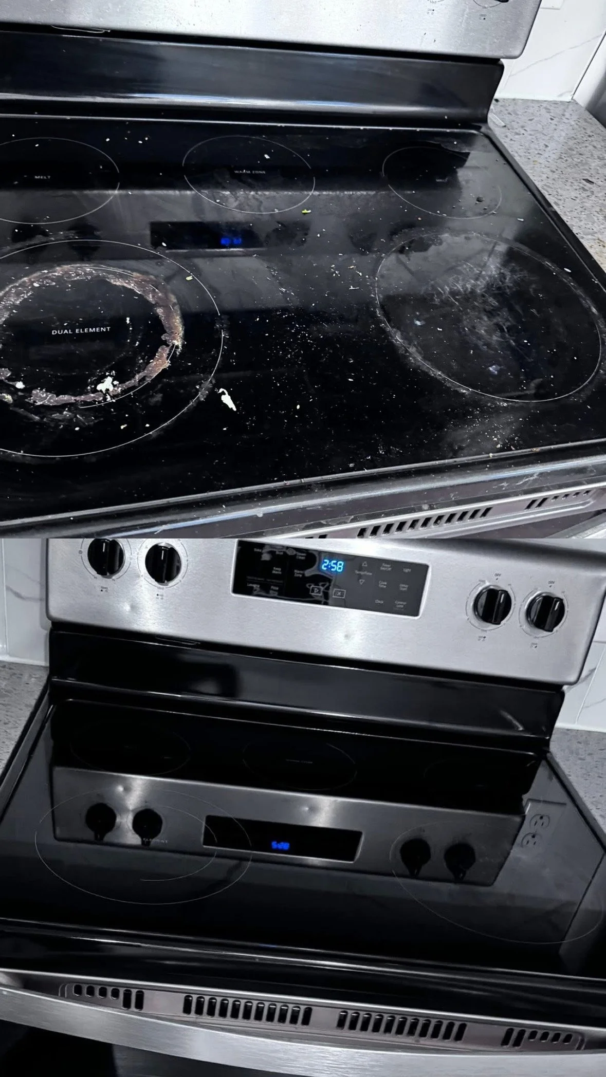 Comparison of an dirty, older, black electric stove with a clean, new, stainless steel electric stove.