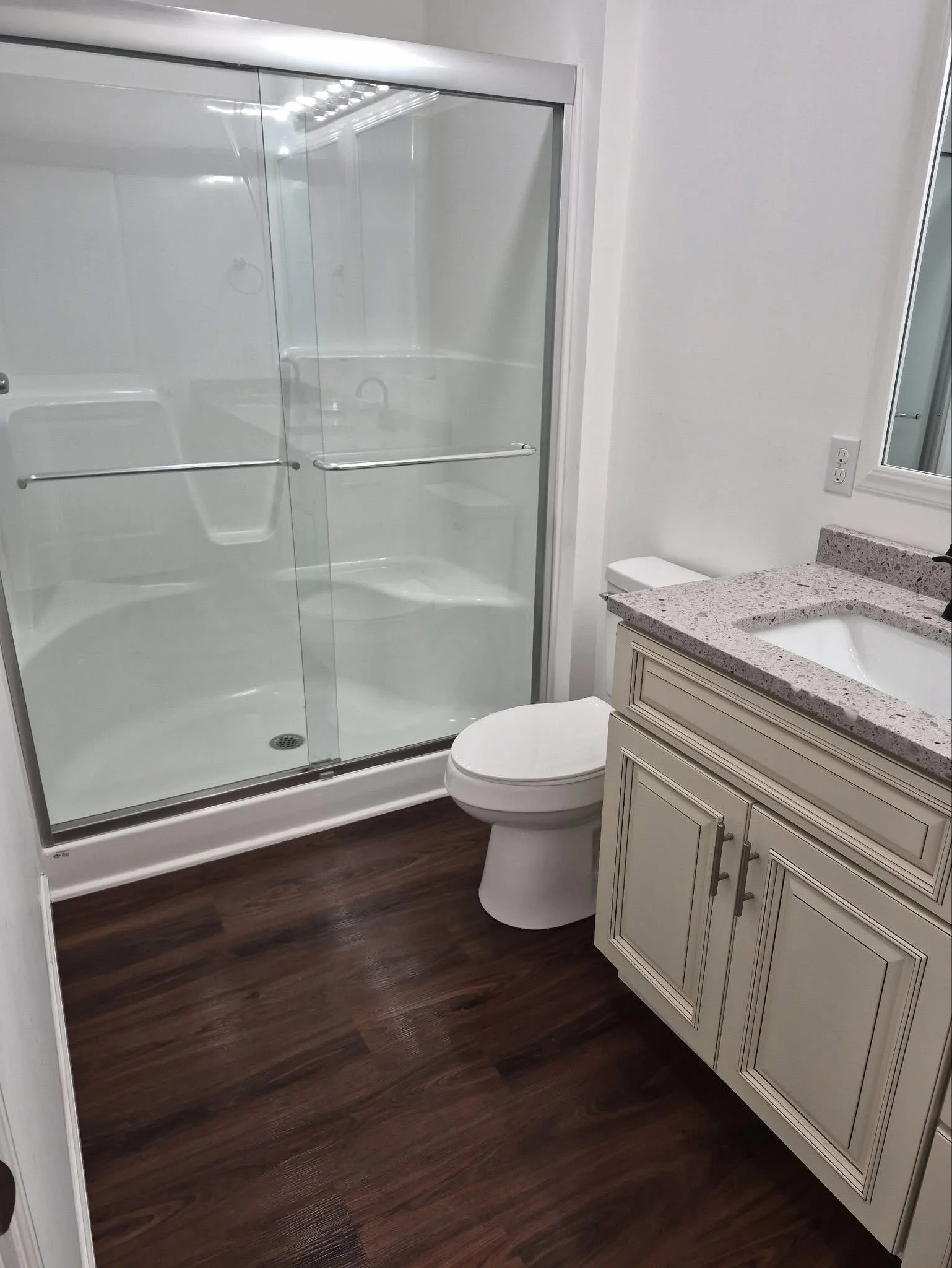 Bathroom with a glass shower enclosure, a white toilet, and a vanity with a granite countertop and under-mount sink. Dark wood flooring and a mirror above the sink.