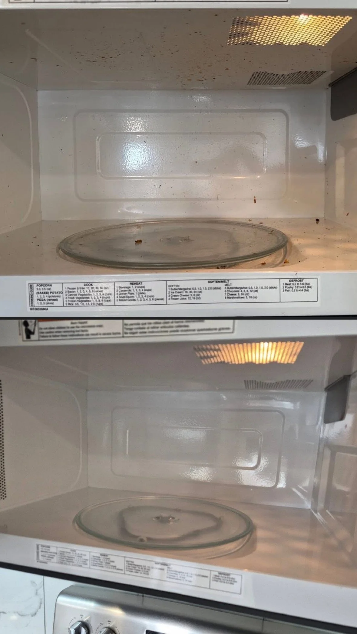 An empty microwave oven with a glass turntable inside, shown from a top-down perspective.