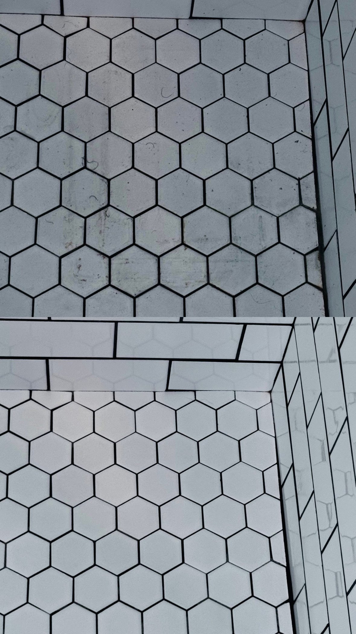 Comparison of two white tiled floors with black grout, one dirty and the other clean.