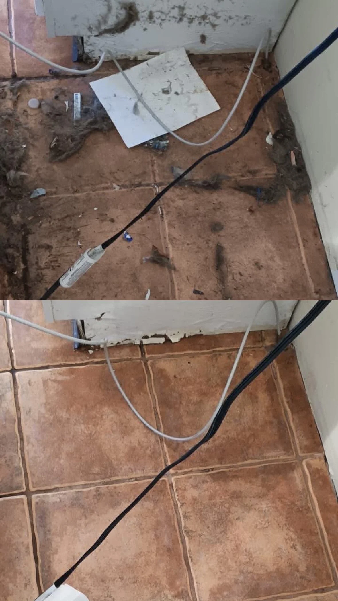 Comparison of a dirty floor with debris and wires in the top image and a clean, tiled floor in the bottom image.