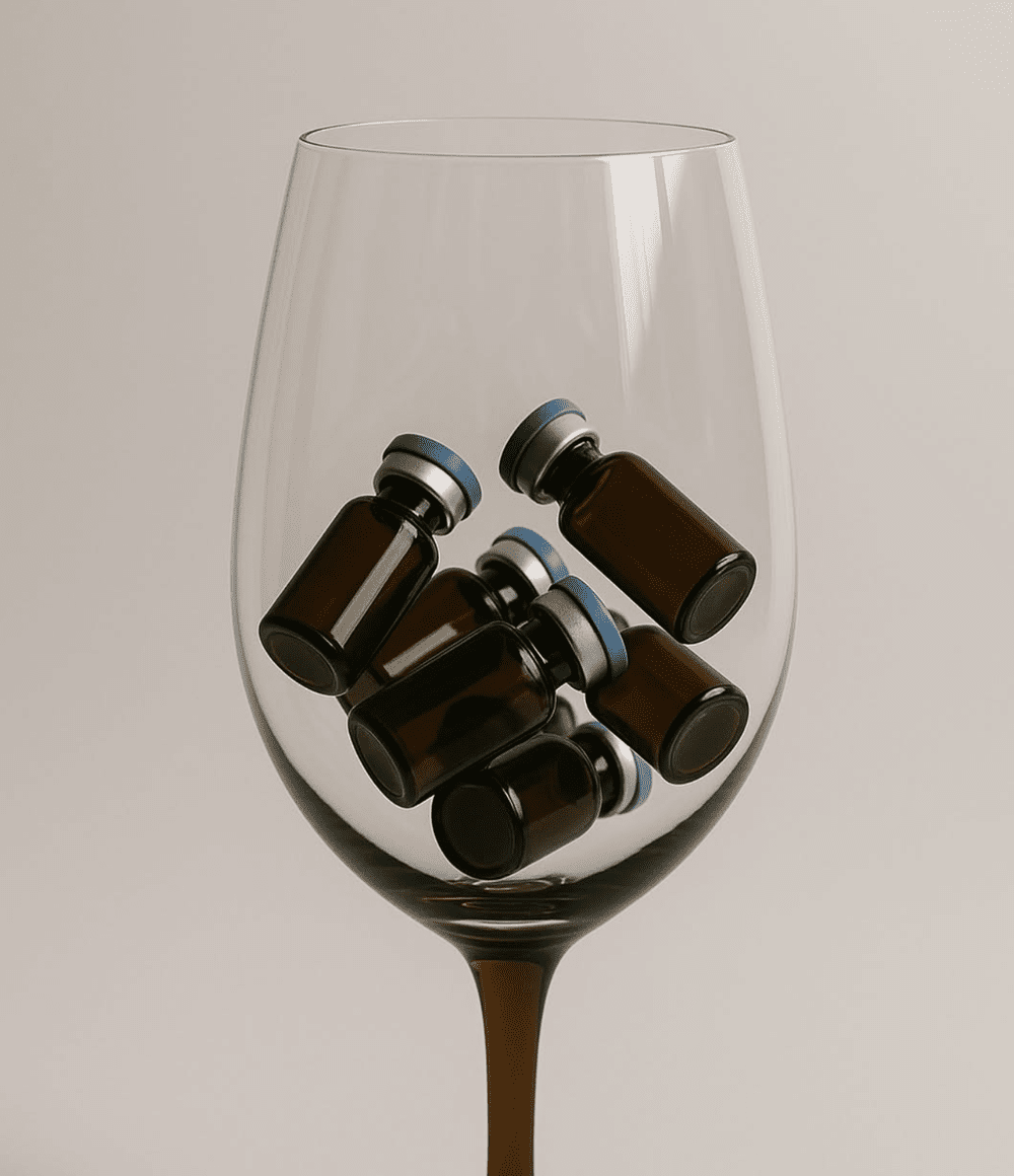 Wine glass with floating peptide vials