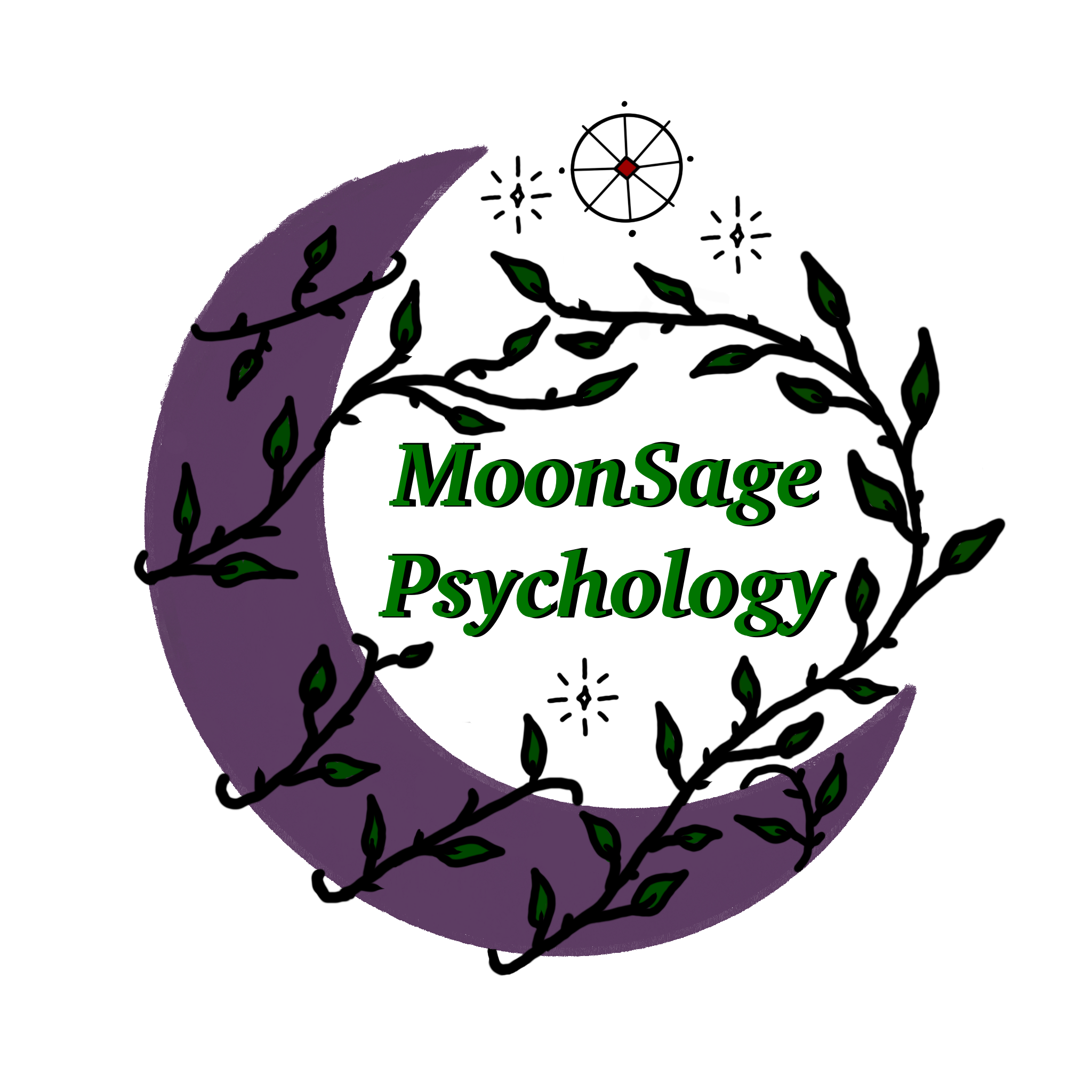 Logo for MoonSage Psychology featuring a purple crescent moon, green leafy branch, and night sky with stars and a circular compass.