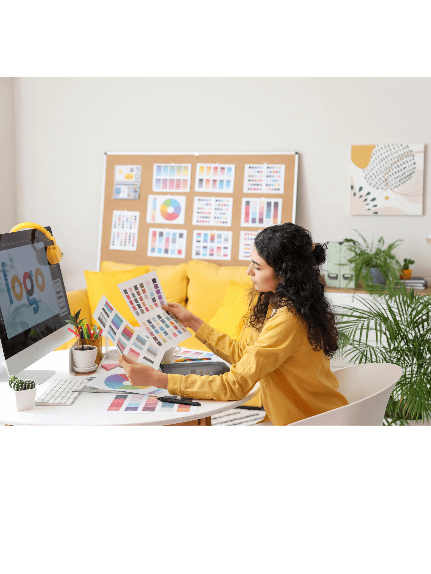 sitting at a computer working on a website redesign