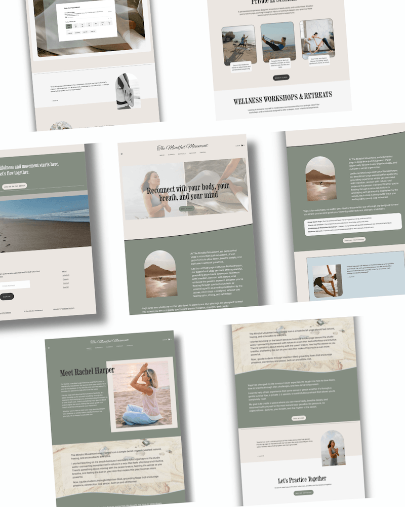 Screen shots of a website for beach yoga classes