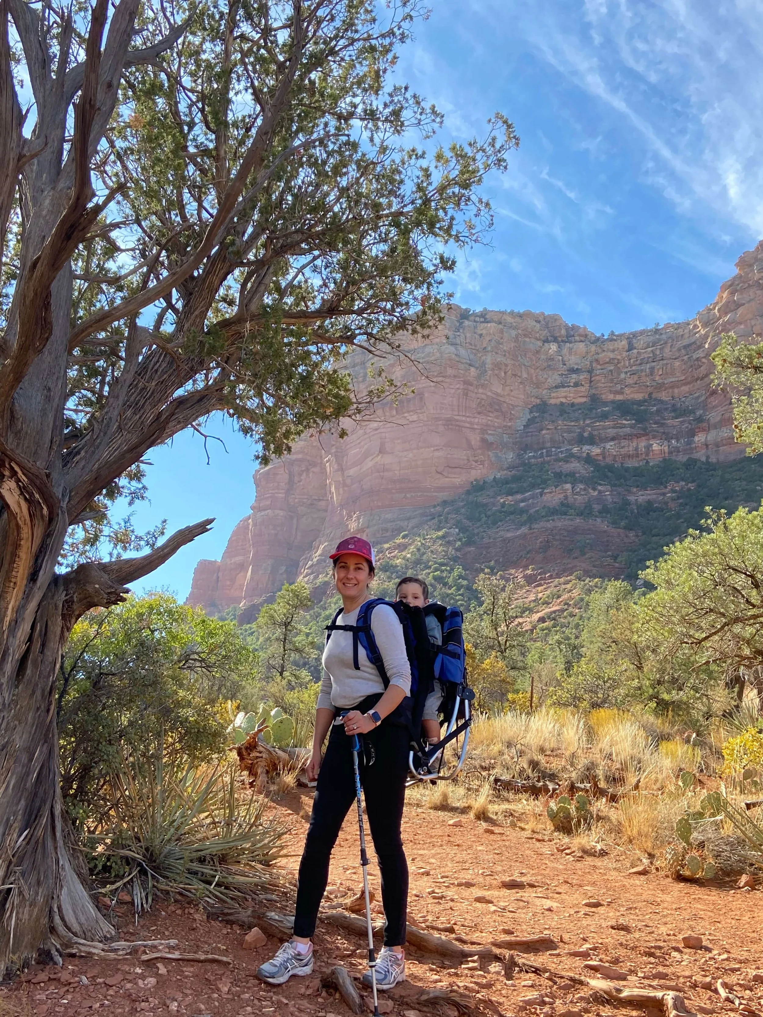 hiking in Sedona with a baby on my back 
