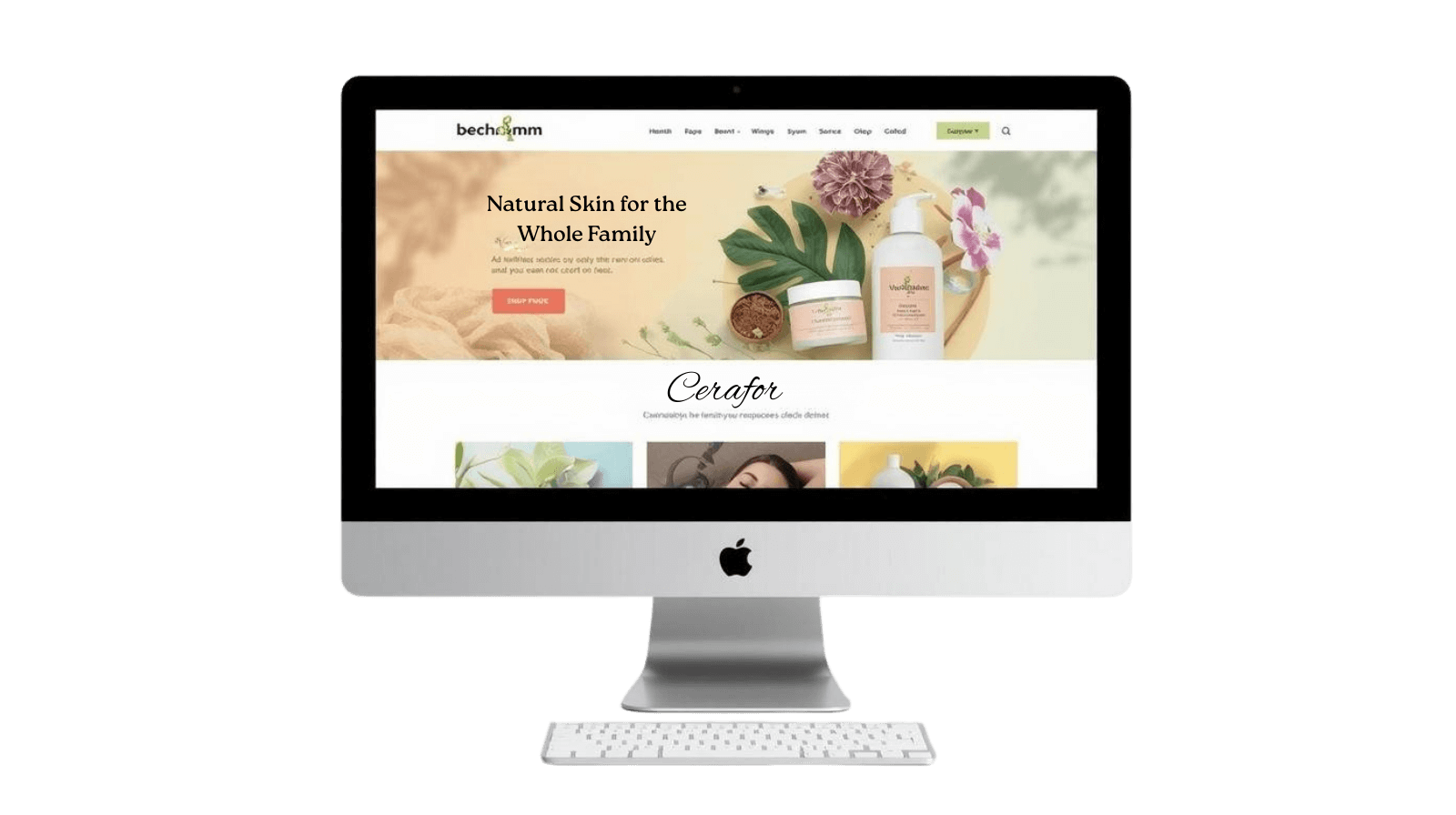 An Apple iMac computer with a keyboard displaying a website about skincare products with floral and natural design elements.