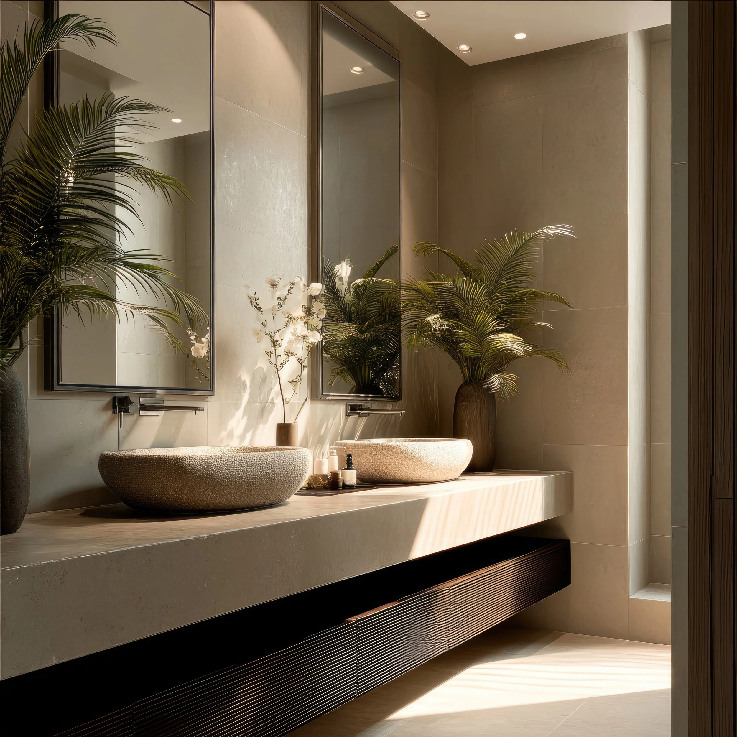 A modern bathroom with a double vanity featuring two textured stone vessel sinks, large mirrors, and potted green plants, illuminated by overhead recessed lighting and natural sunlight.